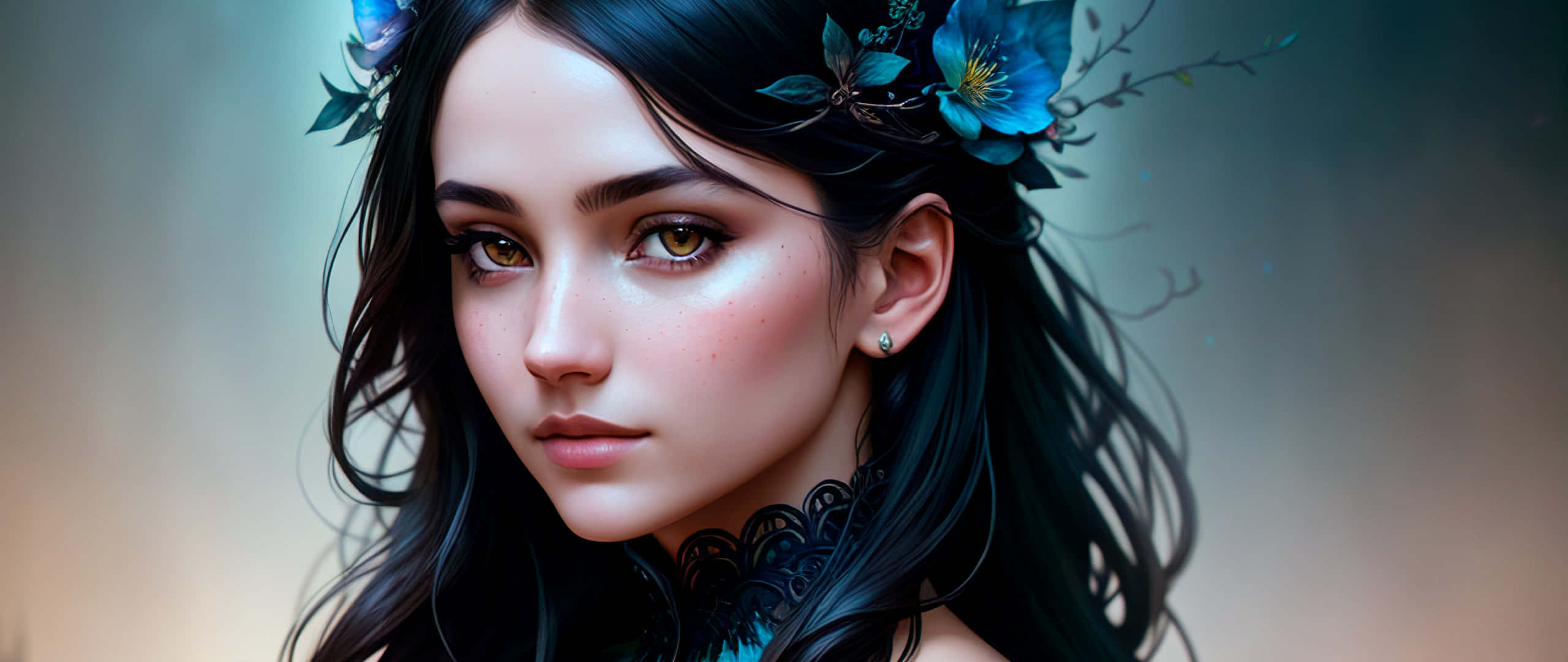Beautiful Artistic 桌布 壁紙 — 一位黑髮女性的數位肖像，頭髮上裝飾著藍色花朵，穿著蕾絲領，背景柔和模糊。