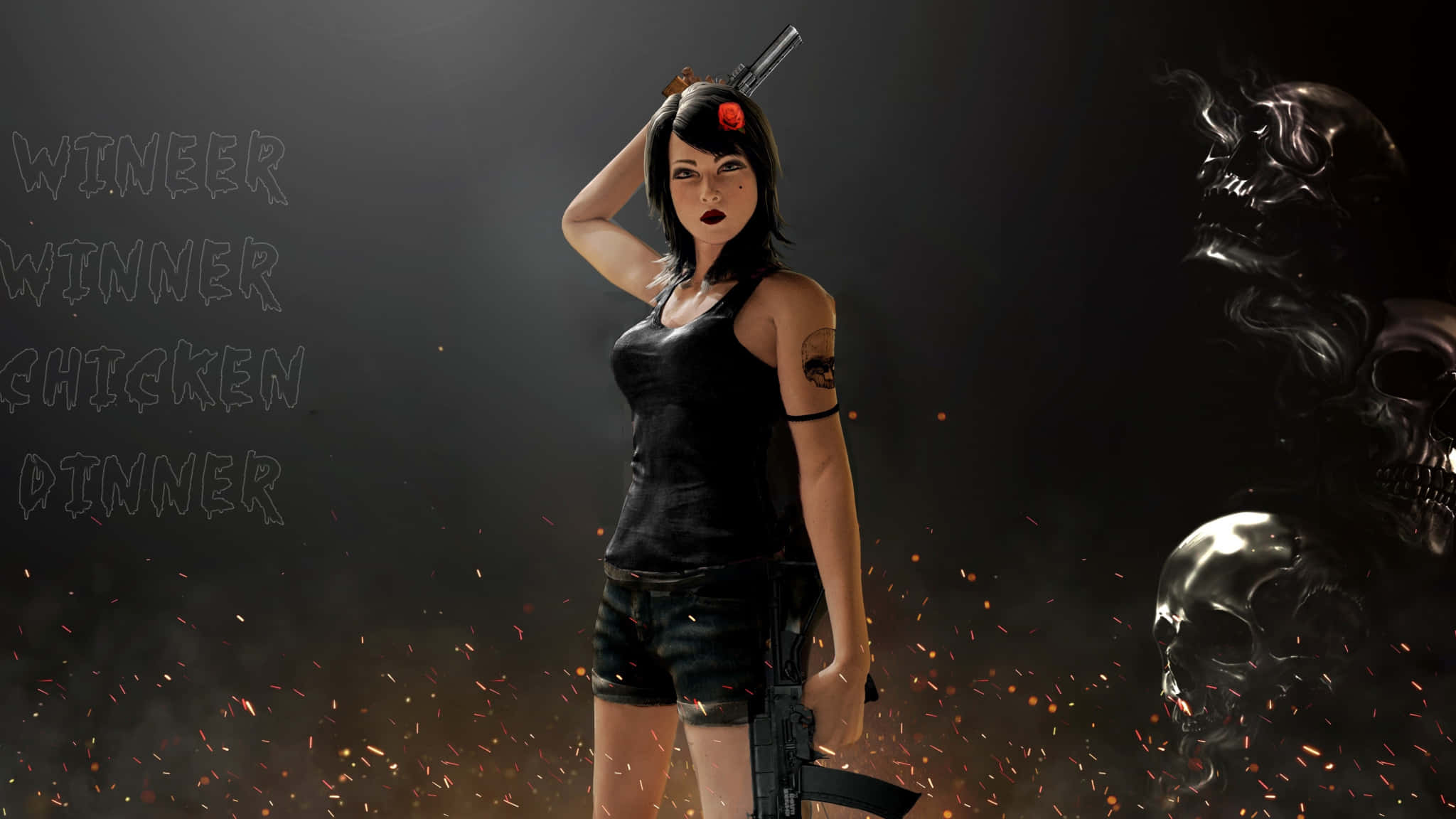 2048x1152 Gaming 桌布 壁紙 — 一位黑髮女性身穿黑色背心和短褲，手持帶有骷髏圖案的步槍，周圍有火花飛舞。