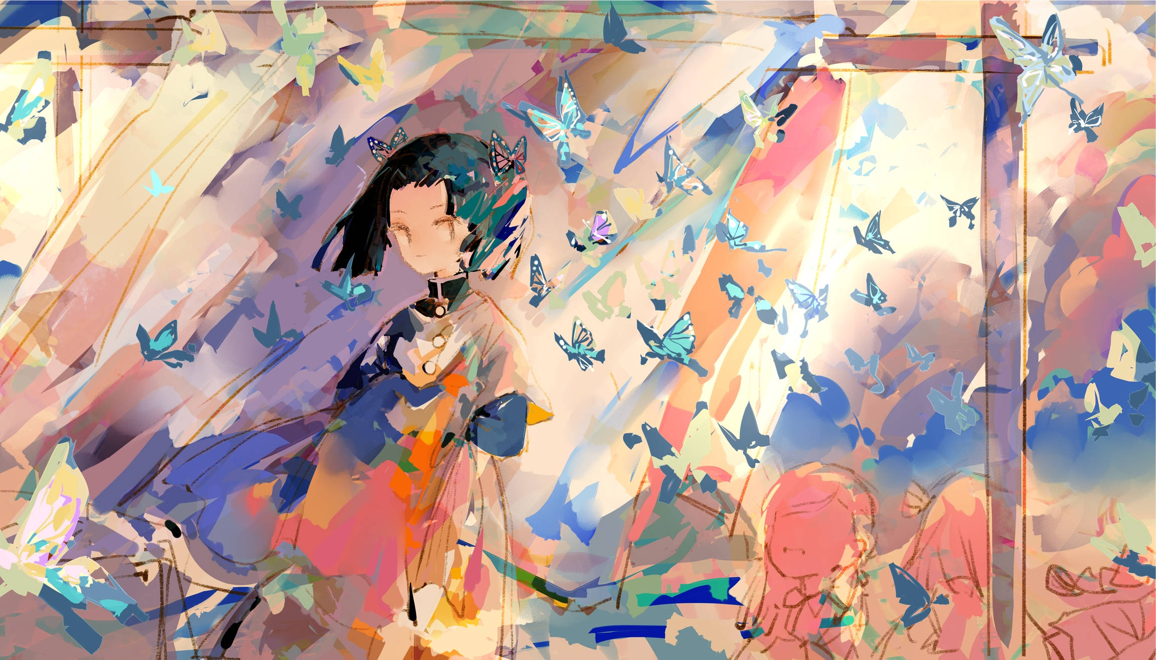 aoi kanzaki 桌布 壁紙 — 一位黑髮少女在充滿活力的抽象水彩場景中，輕輕觸摸著在她周圍盤旋的蝴蝶。