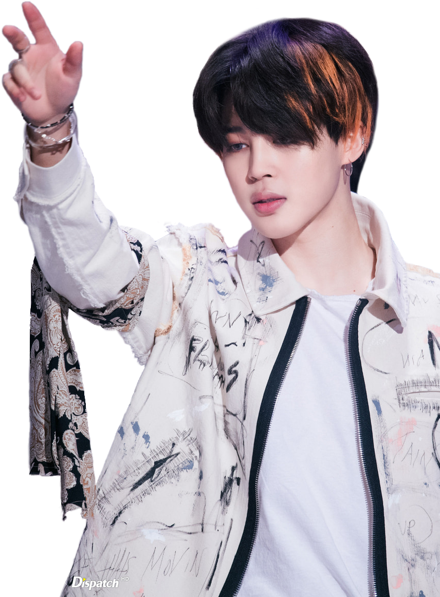BTS 桌布 壁紙 — 一位黑髮帶有橙色挑染的年輕男子，穿著塗鴉風格外套，在黑色背景前比出和平手勢。