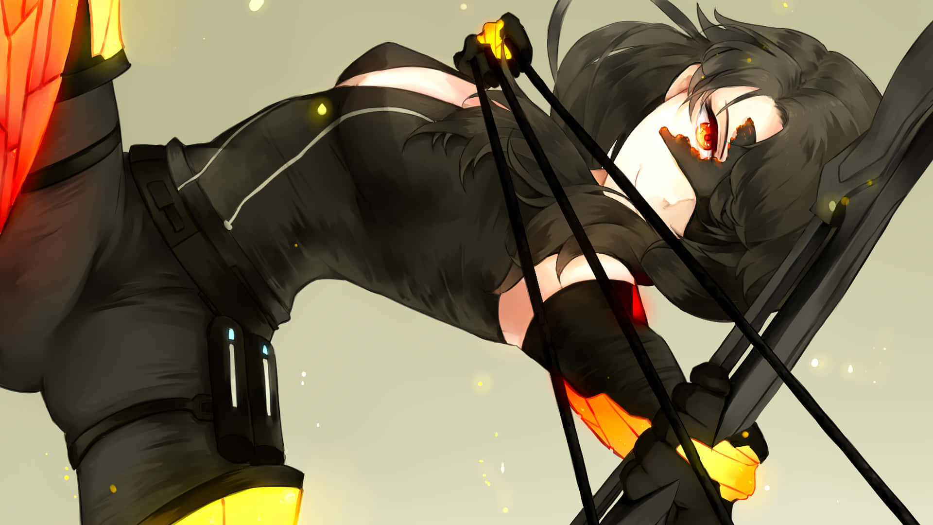 RWBY 桌布 壁紙 — 一位黑髮帶有發光橙色點綴的動漫女孩，在柔和的米色背景下，專注地拉開弓弦。