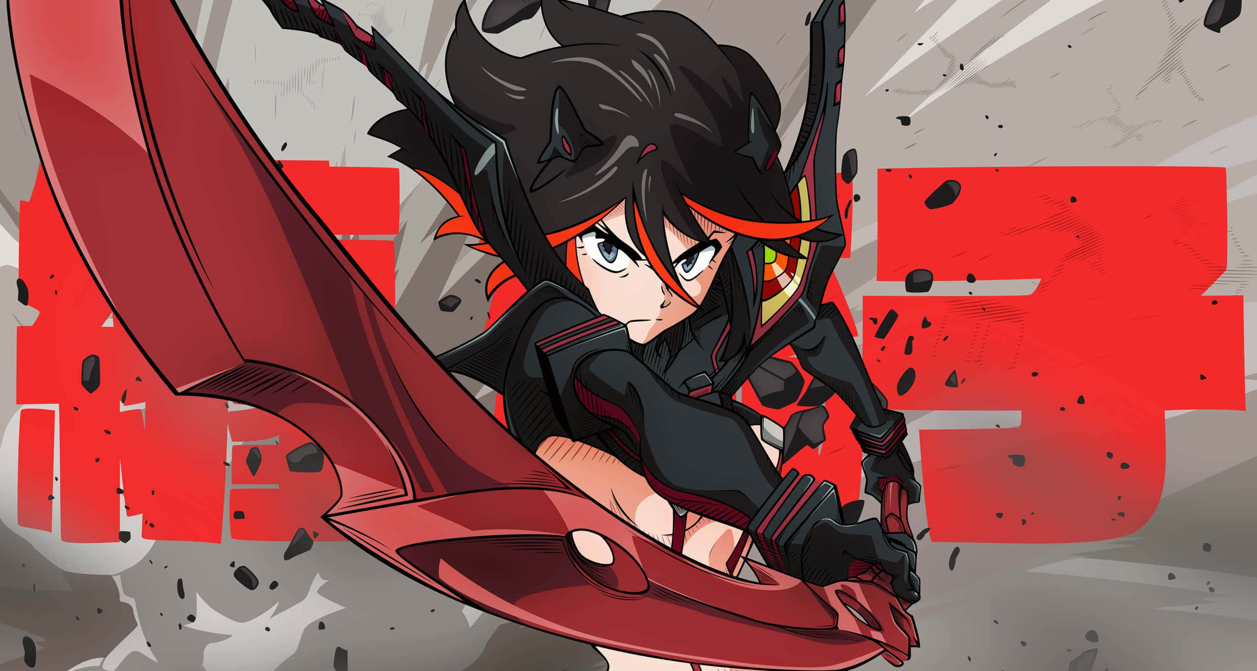 Kill La Kill Senketsu 桌布 壁紙 — 一位黑髮帶紅色點綴的動漫女孩，在破碎的瓦礫和醒目的紅色漢字中揮舞著一把巨大的紅色刀刃。