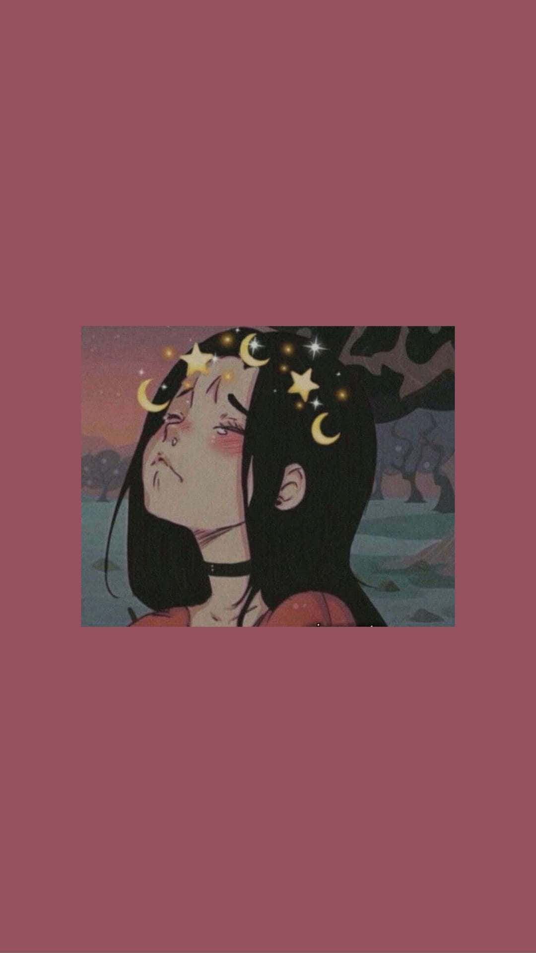 桌布 壁紙 — 一位黑髮年輕女子仰望天空，新月和星星漂浮在她的頭周圍，映襯著暮色天空。
