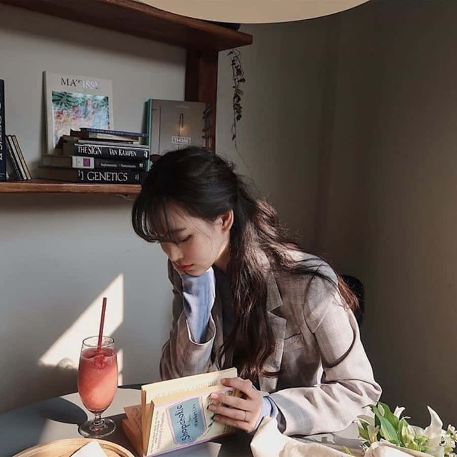 Study Aesthetic 桌布 壁紙 — 一位黑髮年輕女性在陽光照射的桌子旁閱讀一本書，旁邊有粉紅色飲料和白色花朵。