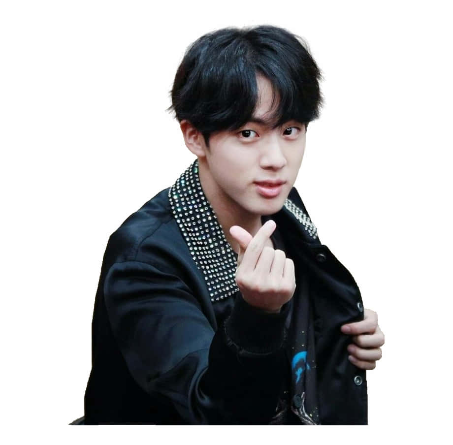 BTS 桌布 壁紙 — 一位黑髮年輕男子穿著帶有鉚釘領的黑色外套，對著鏡頭做出手指愛心手勢。