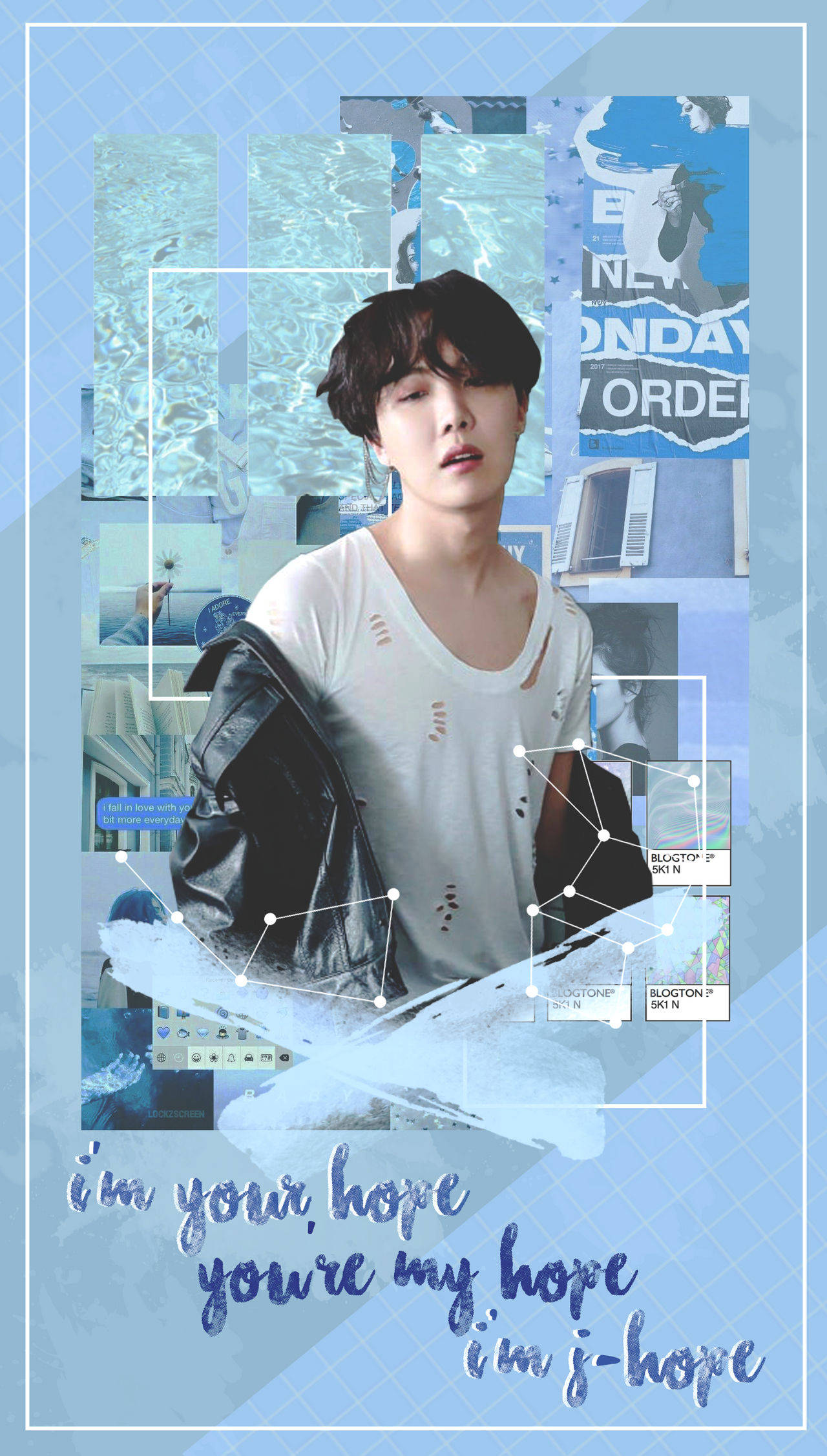jhope 桌布 壁紙 — 一位黑髮年輕男子穿著白色T恤和黑色外套，背景是藍色調照片和文字疊加的拼貼畫。