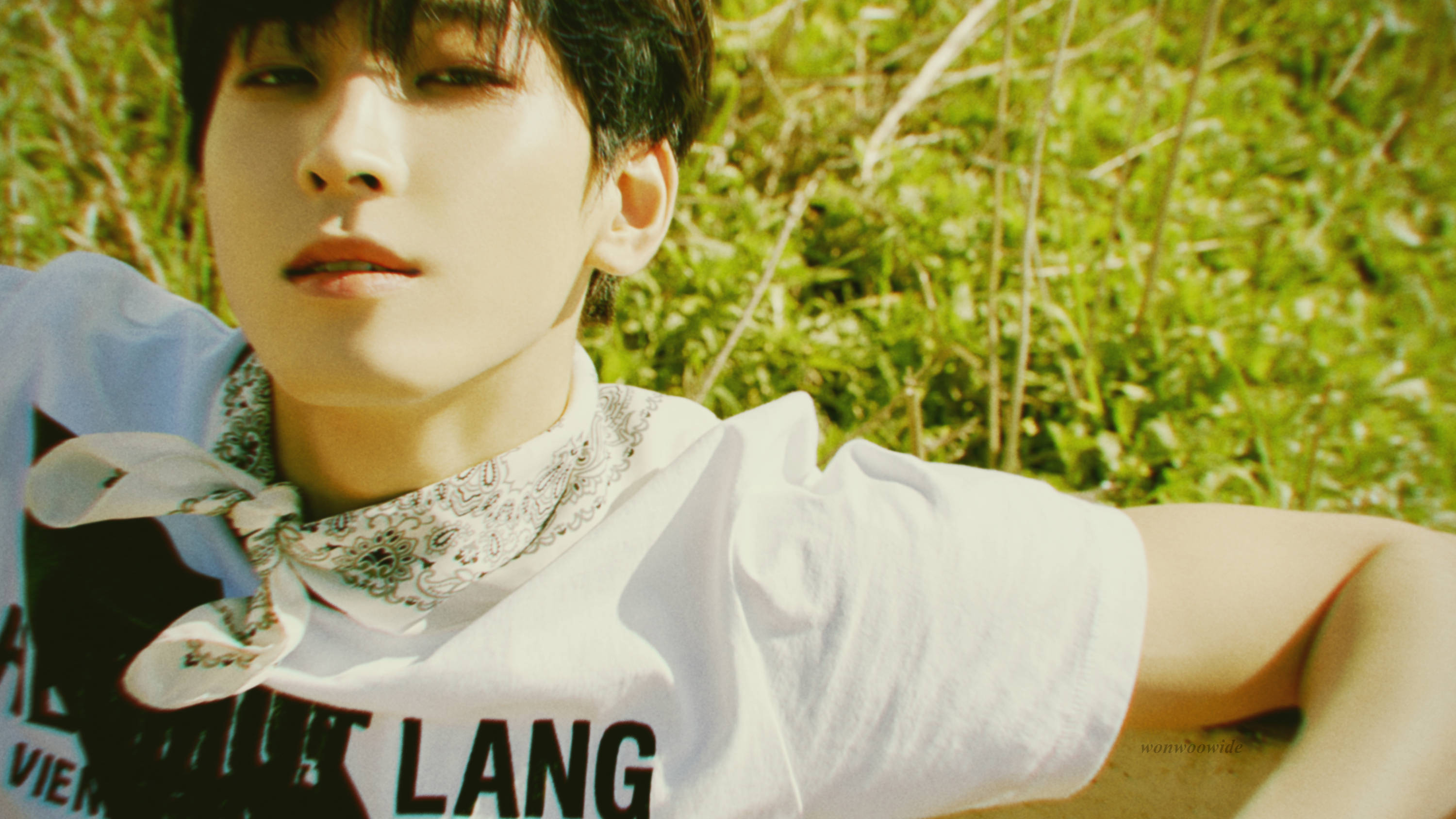 Wonwoo 桌布 壁紙 — 一位黑髮年輕男子躺在陽光普照的草地上，身穿白色T恤和圖案頭巾。