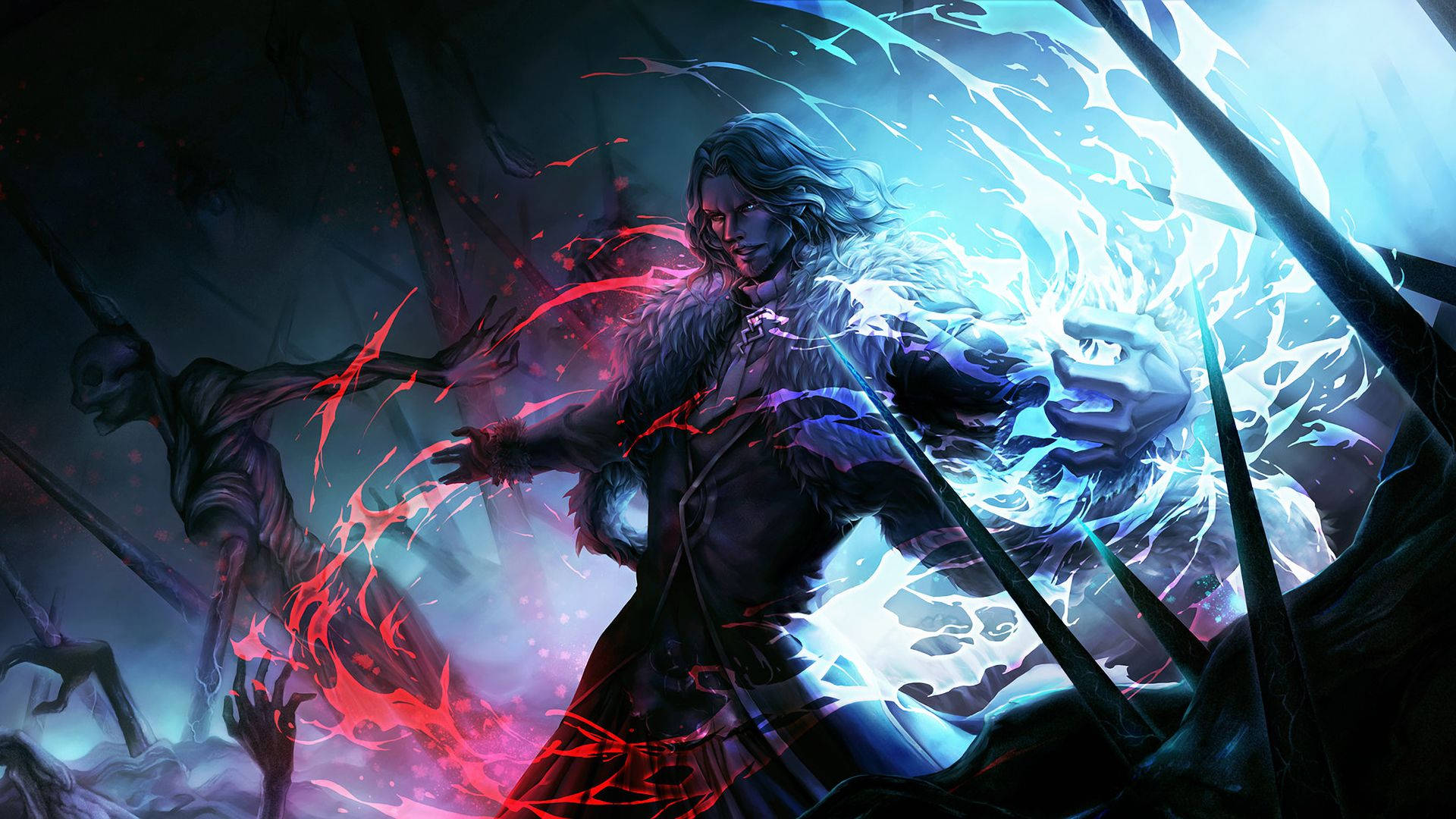 Fate/Grand Order 桌布 壁紙 — 一位黑髮戰士在骷髏敵人之中引導紅色和藍色能量，構成戲劇性的奇幻戰鬥場景。