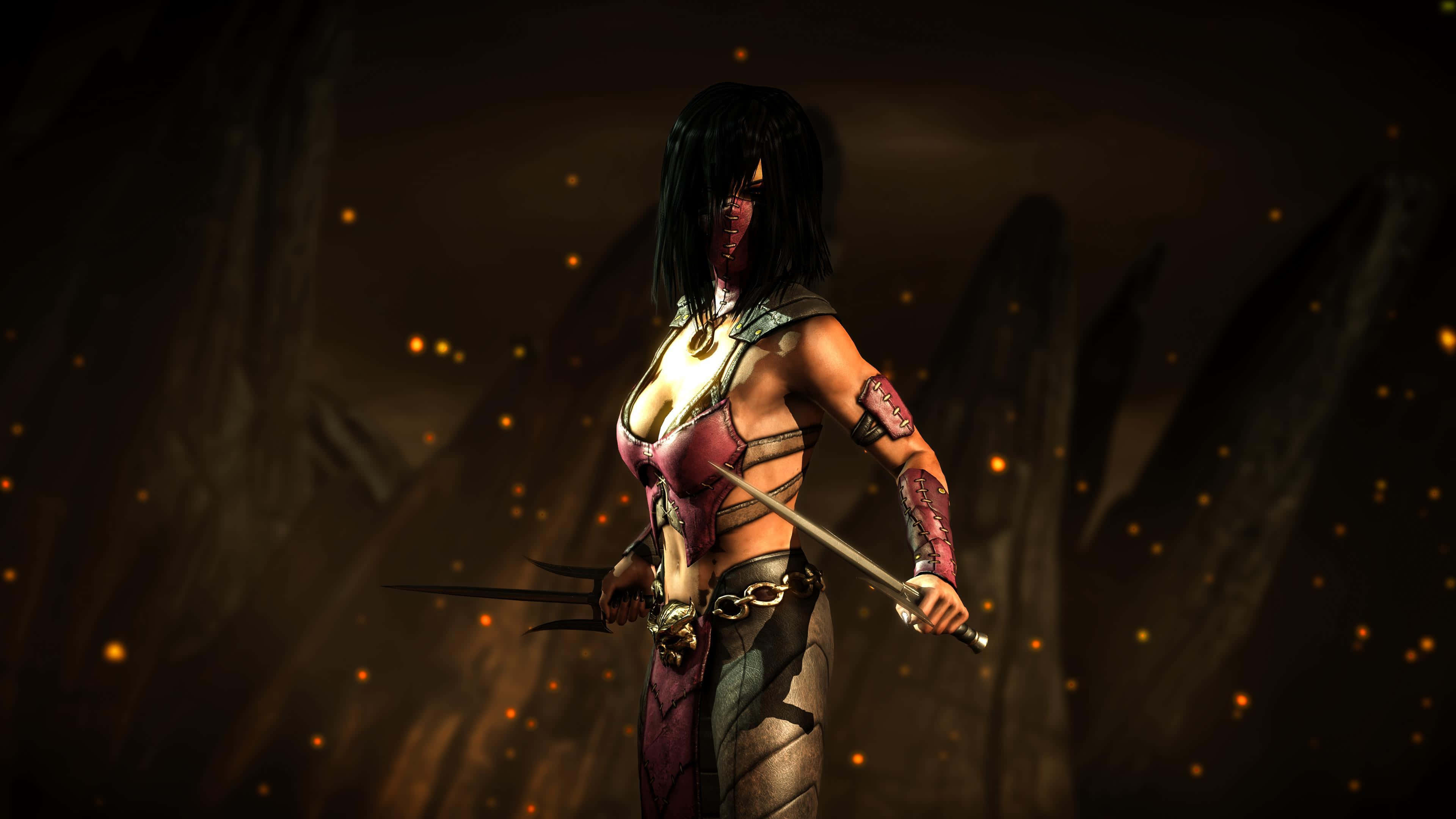 Mortal Kombat Mileena 桌布 壁紙 — 一位黑髮戰士身穿紅金鎧甲，在琥珀色粒子閃爍的陰暗洞穴背景下，手持雙刃蓄勢待發。