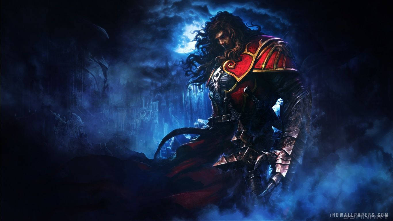 Castlevania 桌布 壁紙 — 一位黑髮戰士身穿紅黑盔甲，在迷霧籠罩、陰影重重的森林中，莊嚴地站在發光的月亮下。