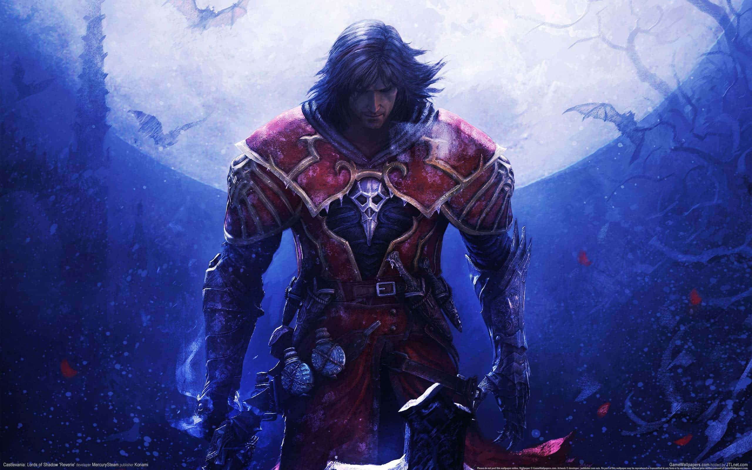 惡魔城 桌布 壁紙 — 一位黑髮戰士身穿紅黑盔甲，站在滿月下的鬼森林中，蝙蝠飛舞。