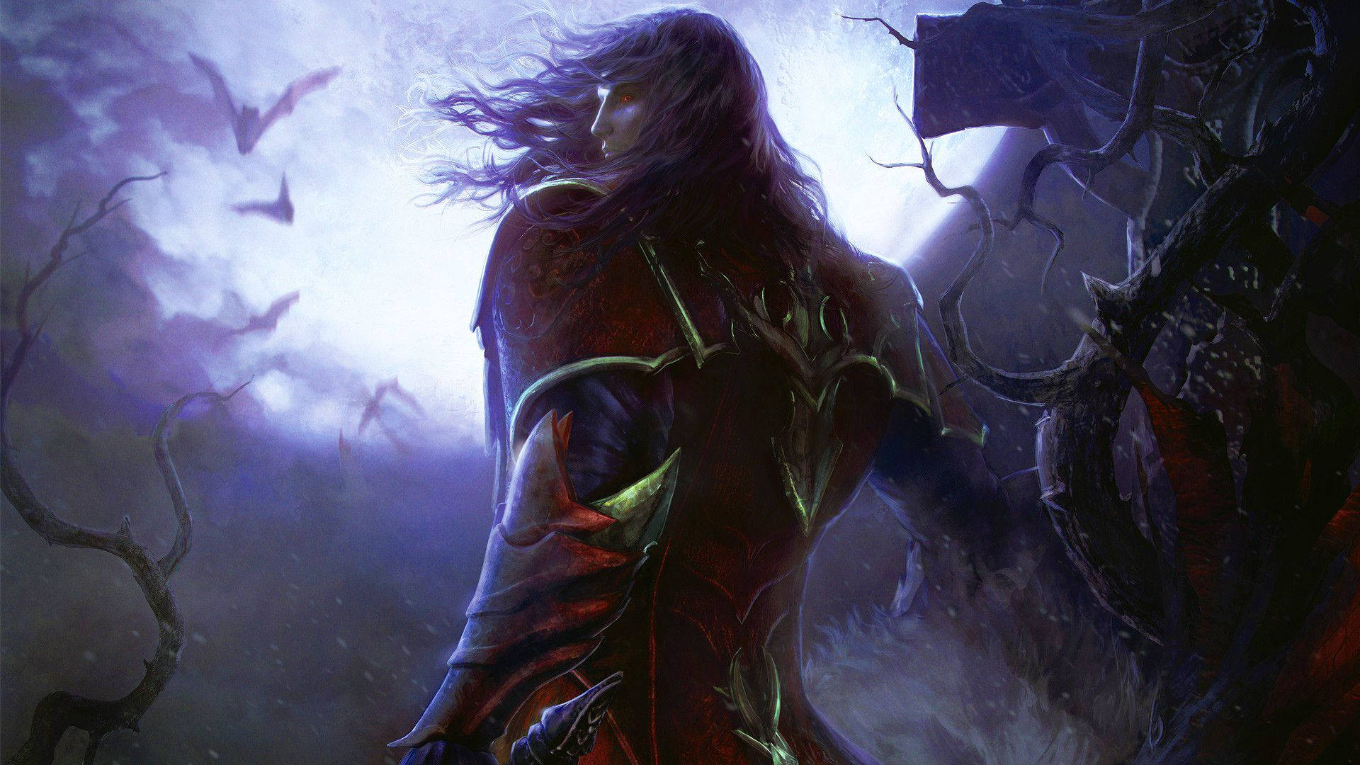 Castlevania 桌布 壁紙 — 一位黑髮戰士身穿華麗的紅色盔甲，站在扭曲的樹木和飛翔的蝙蝠之間，腳下是發光的月亮。