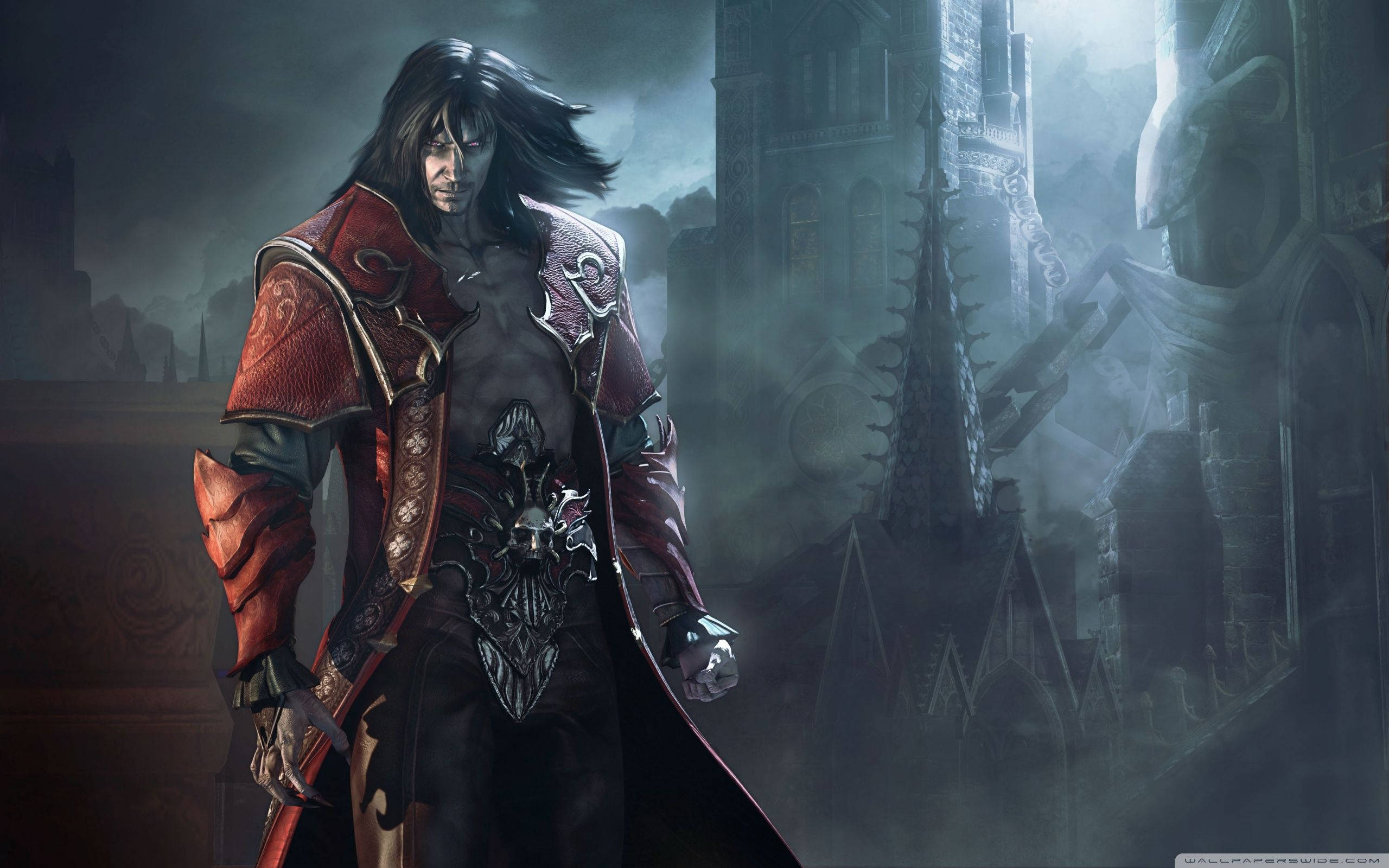 Castlevania 桌布 壁紙 — 一位黑髮戰士身穿華麗的紅色盔甲，在陰沉天空下迷霧籠罩的哥德式廢墟中挑釁地站立。