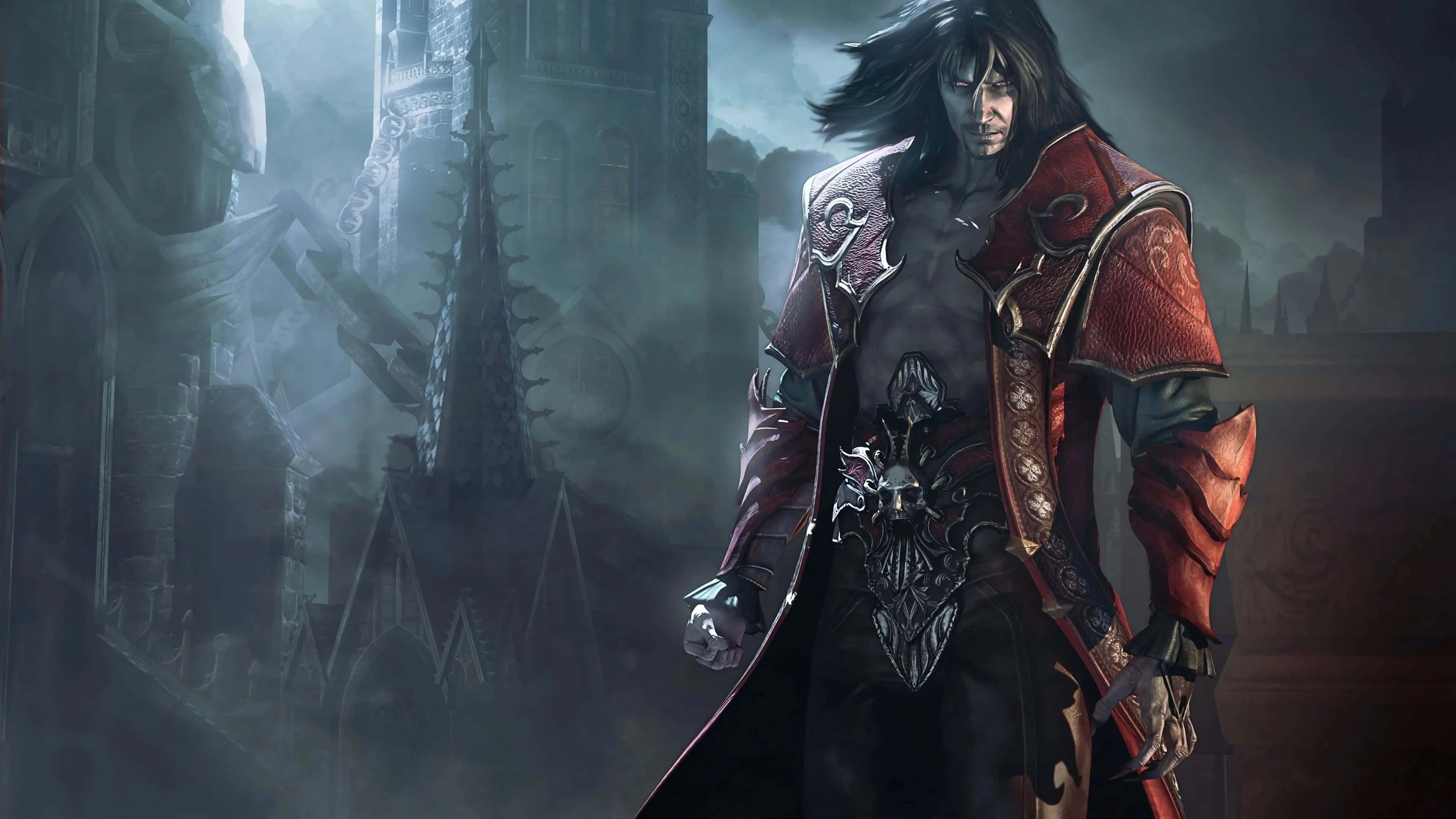Castlevania 桌布 壁紙 — 一位黑髮戰士身穿華麗的紅色盔甲，挑釁地站在霧氣籠罩的哥德式城堡前。