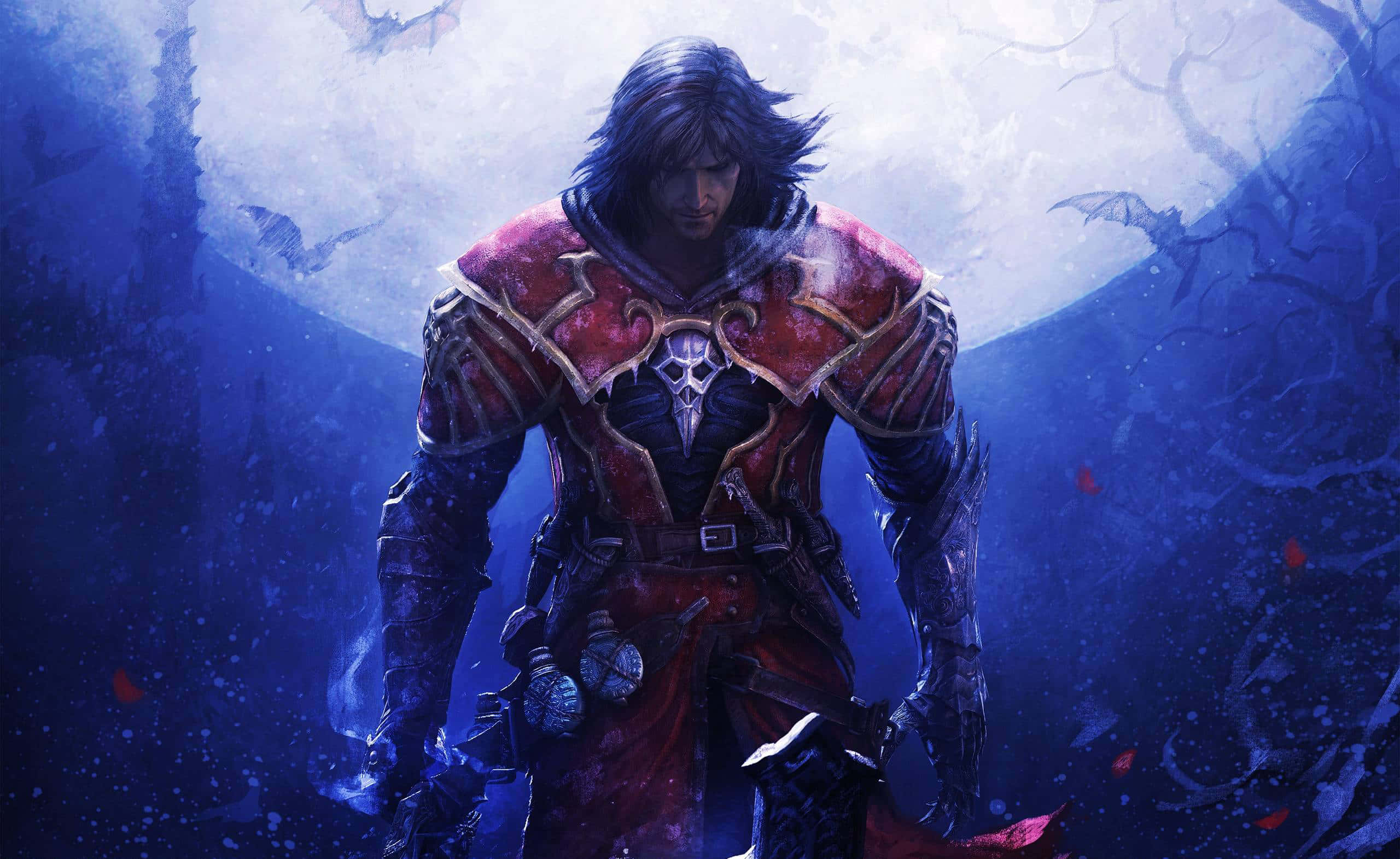 Castlevania 桌布 壁紙 — 一位黑髮戰士身穿華麗的紅色盔甲，站在滿月下，蝙蝠飛過白雪覆蓋的詭異森林。