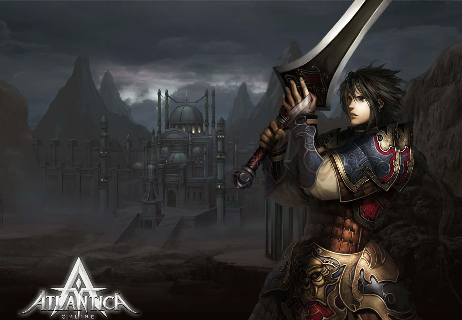 Online Games 桌布 壁紙 — 一位黑髮戰士身穿華麗盔甲，在暴風雨的天空下站在哥德式城堡前，握著一把巨大的劍。