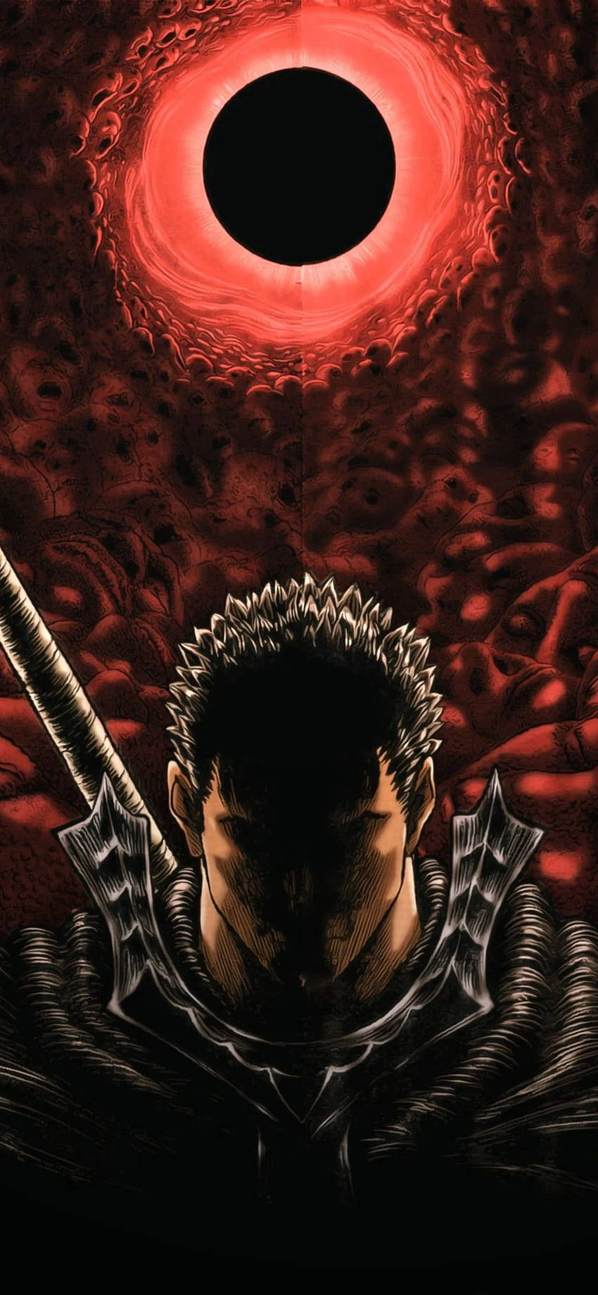 Berserk Guts 桌布 壁紙 — 一位黑髮戰士身穿華麗盔甲，站在一個發光的紅色漩渦前，漩渦中心為黑色，周圍環繞著怪誕的面孔。