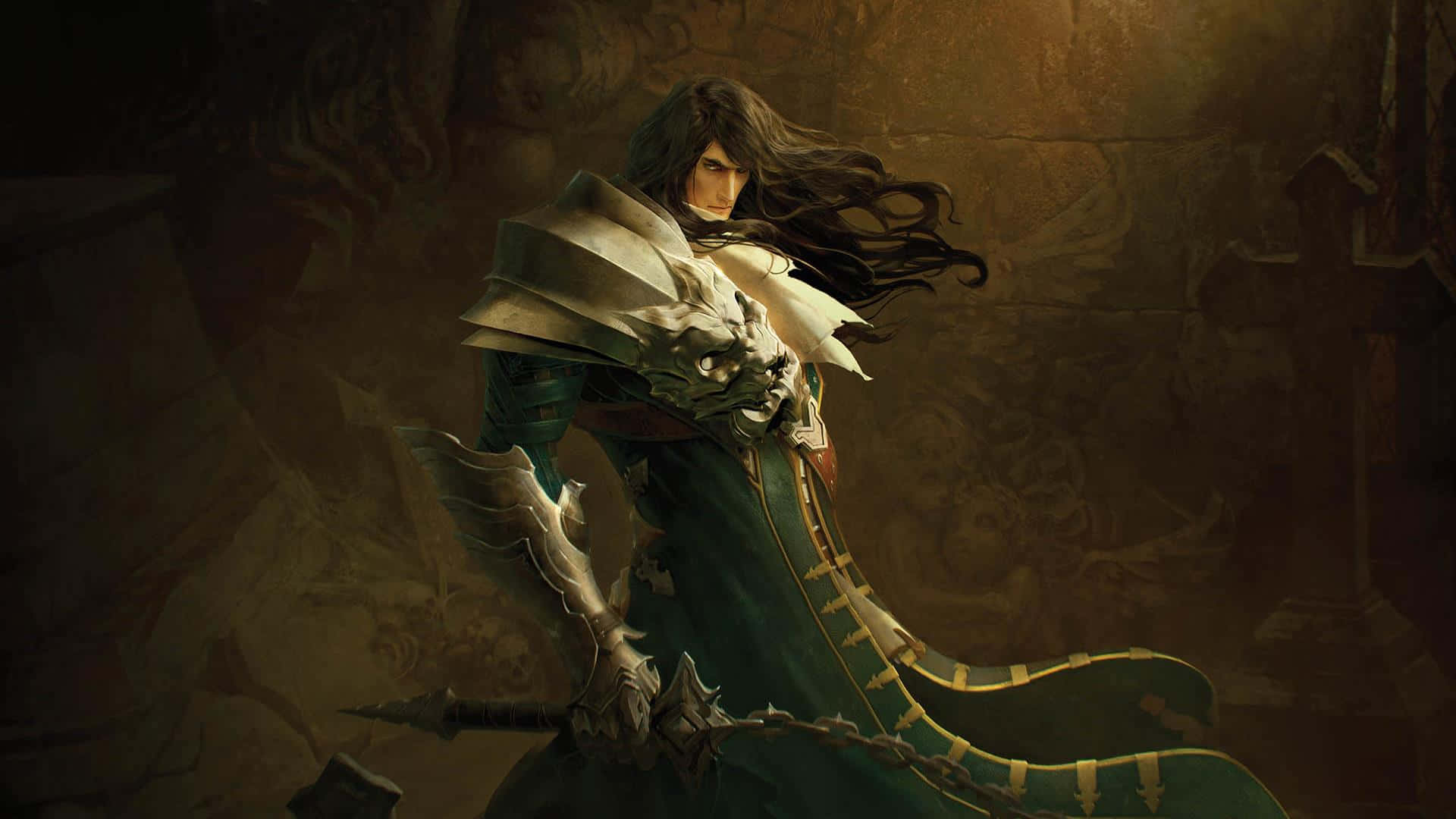 Castlevania 桌布 壁紙 — 一位黑髮戰士身穿華麗銀甲和綠色斗篷，在昏暗的石室中持劍而立。