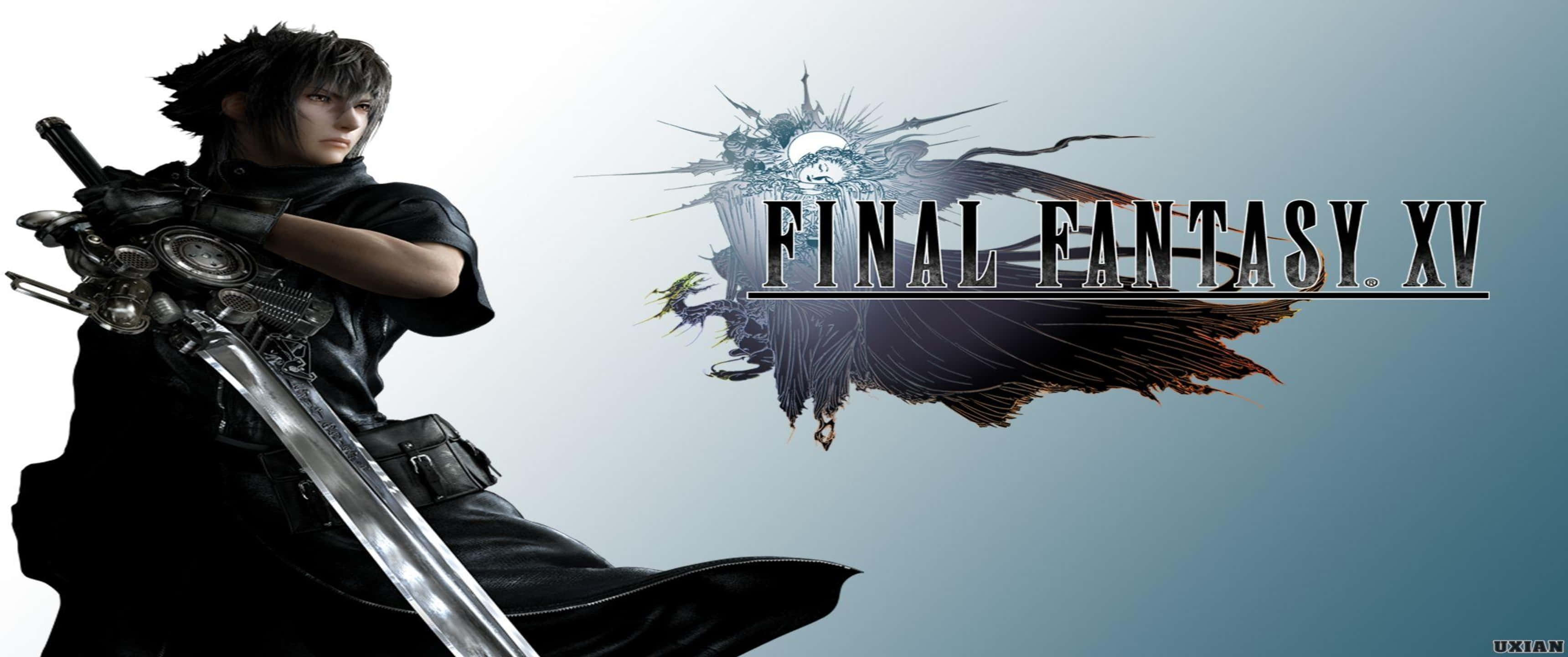 3440x1440p Final Fantasy Xv 桌布 壁紙 — 一位黑髮戰士身穿黑色盔甲，在漸變天空下握著閃亮劍刃，並有Final Fantasy XV標誌和帶翼生物。