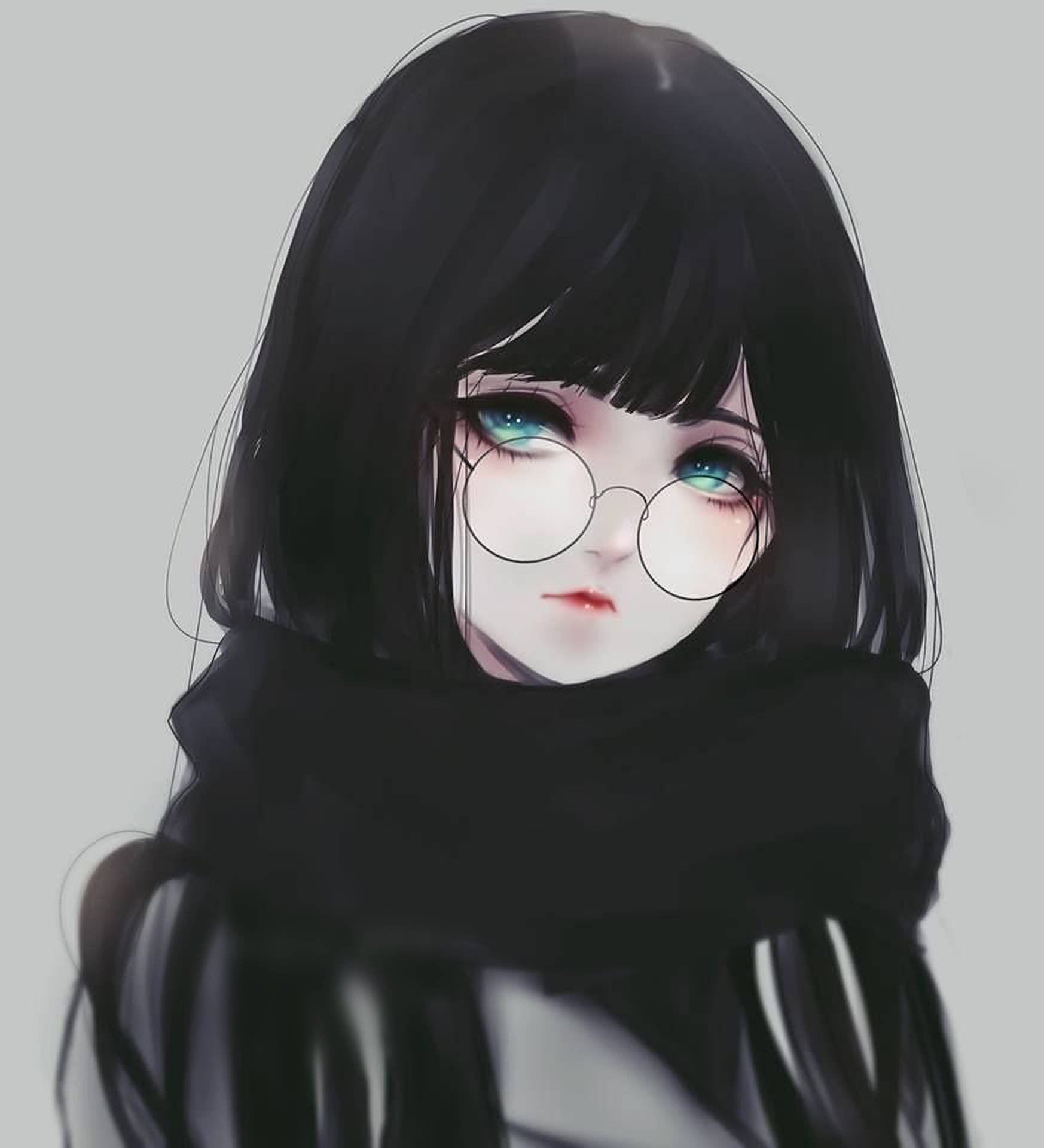 emo 頭像 桌布 壁紙 — 一位黑髮戴圓框眼鏡的年輕動漫女孩，在純灰色背景上溫柔地凝視。