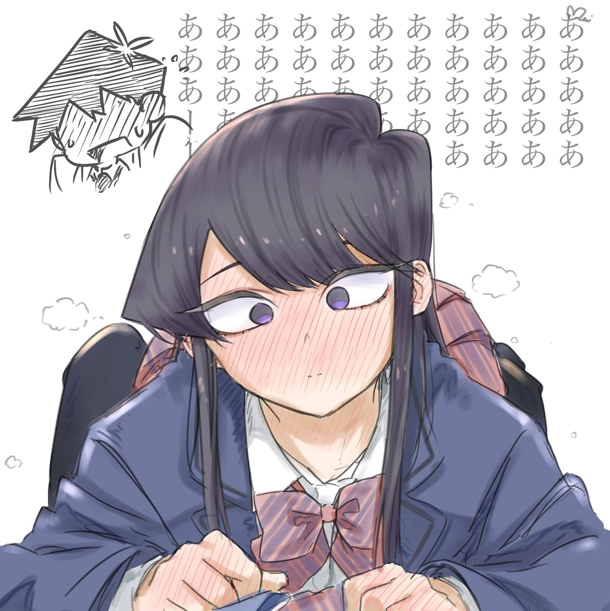 Komi San 桌布 壁紙 — 一位黑髮戴眼鏡的動漫女孩坐在書桌前，背景有瘋狂的塗鴉和重複的文字，看起來壓力很大。