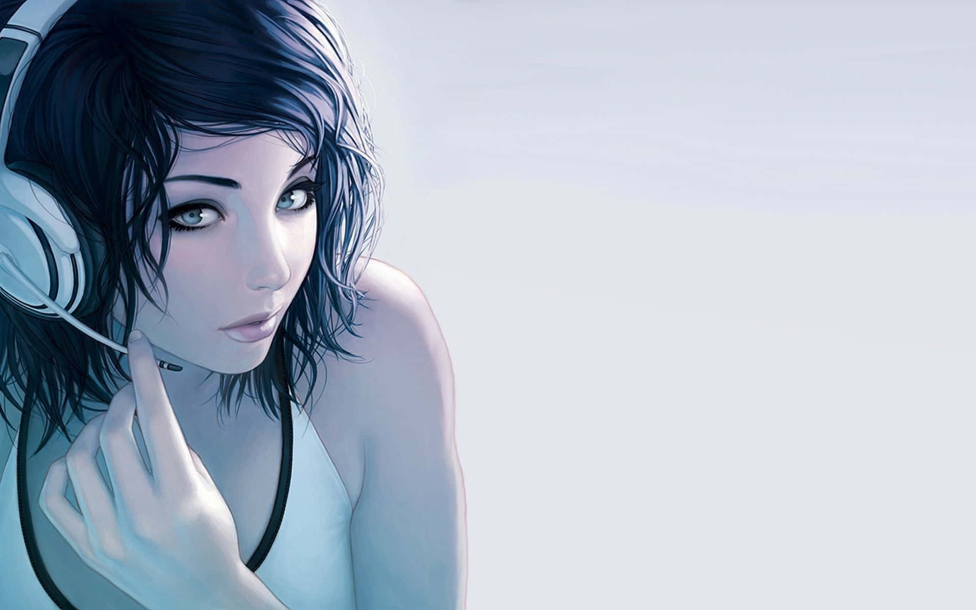 Xbox 360 Gamer 桌布 壁紙 — 一位黑髮戴耳機的年輕女性，在柔和的藍色背景下若有所思地凝視著。