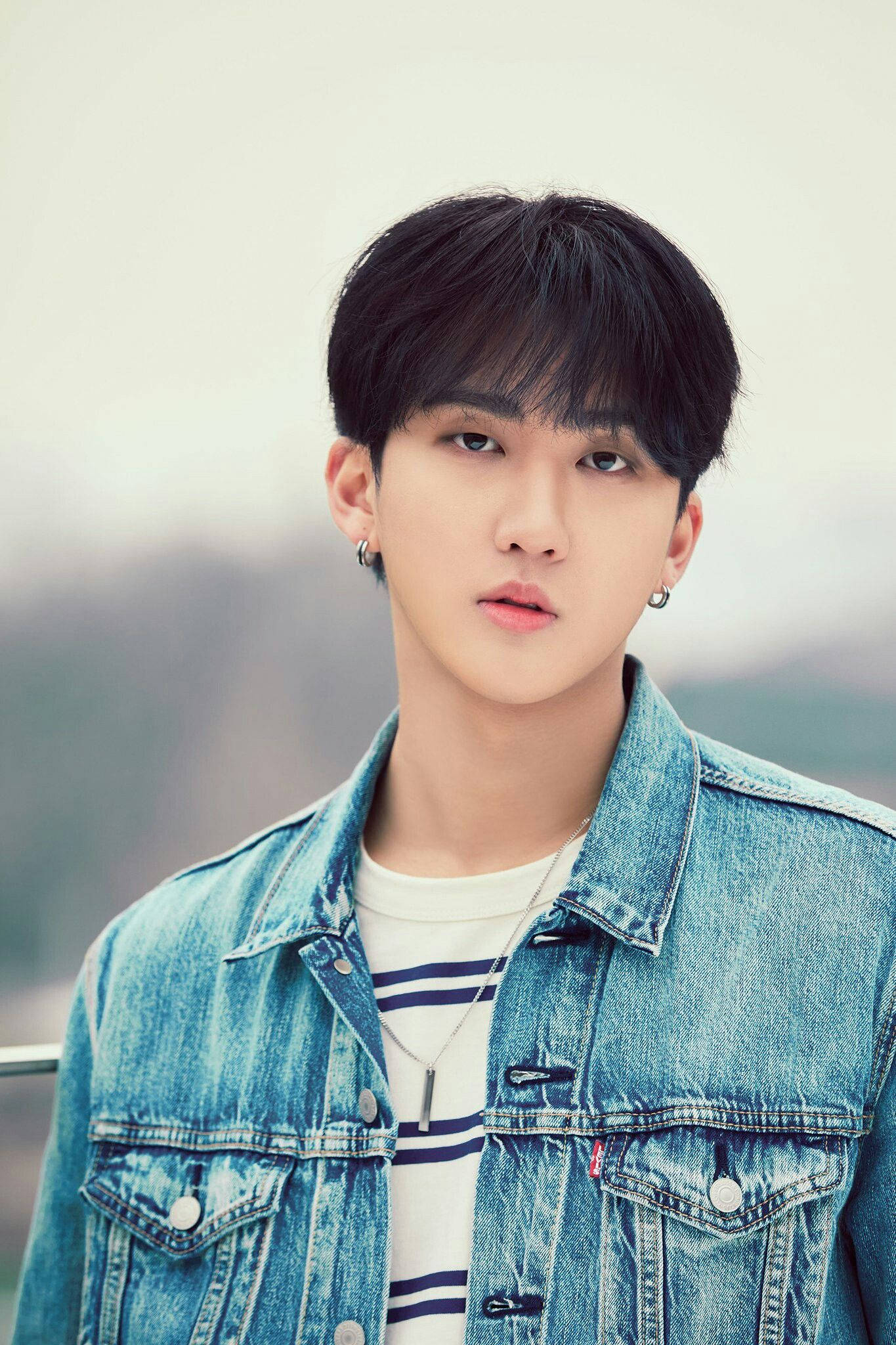 Stray Kids 桌布 壁紙 — 一位黑髮戴耳環的年輕男子身穿牛仔外套，內搭條紋T恤，背景是朦朧的戶外景色。