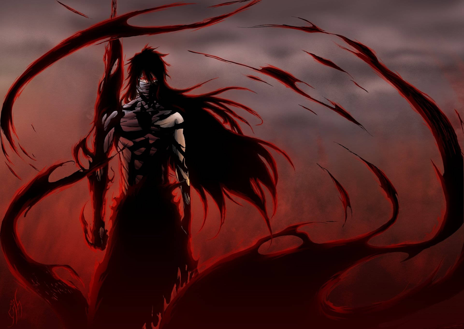 Ichigo Kurosaki 桌布 壁紙 — 一位黑髮戴面具的動漫戰士，在暴風雨般的紅色天空背景下，站在旋轉的深紅能量之中。