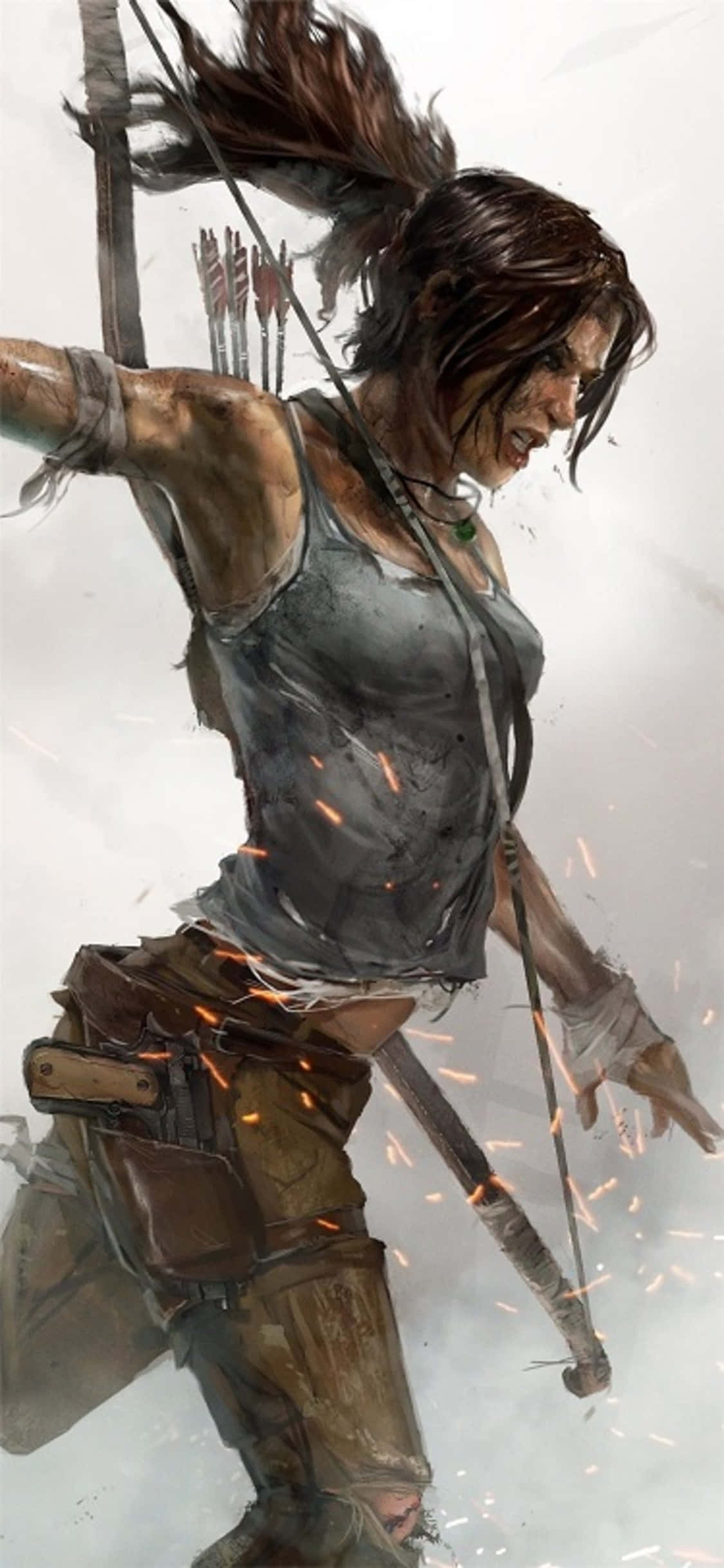 iPhone X Shadow Of The Tomb Raider 桌布 壁紙 — 一位黑髮持弓的兇猛女戰士向前猛衝，武器上火花四濺，背景是純白色。
