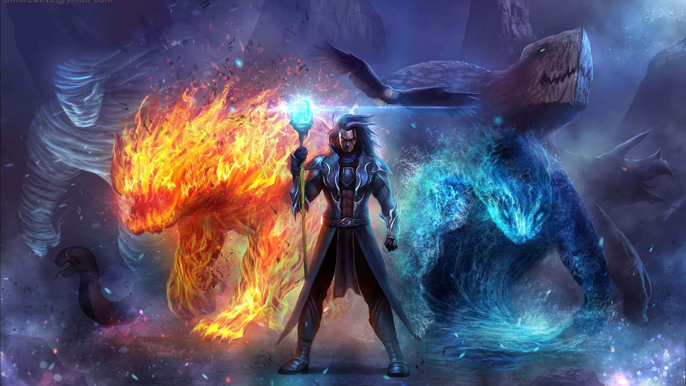 Sorcerer 桌布 壁紙 — 一位黑髮法師在神秘黃昏戰鬥中，在火焰與冰霜元素野獸之間揮舞著發光法杖。