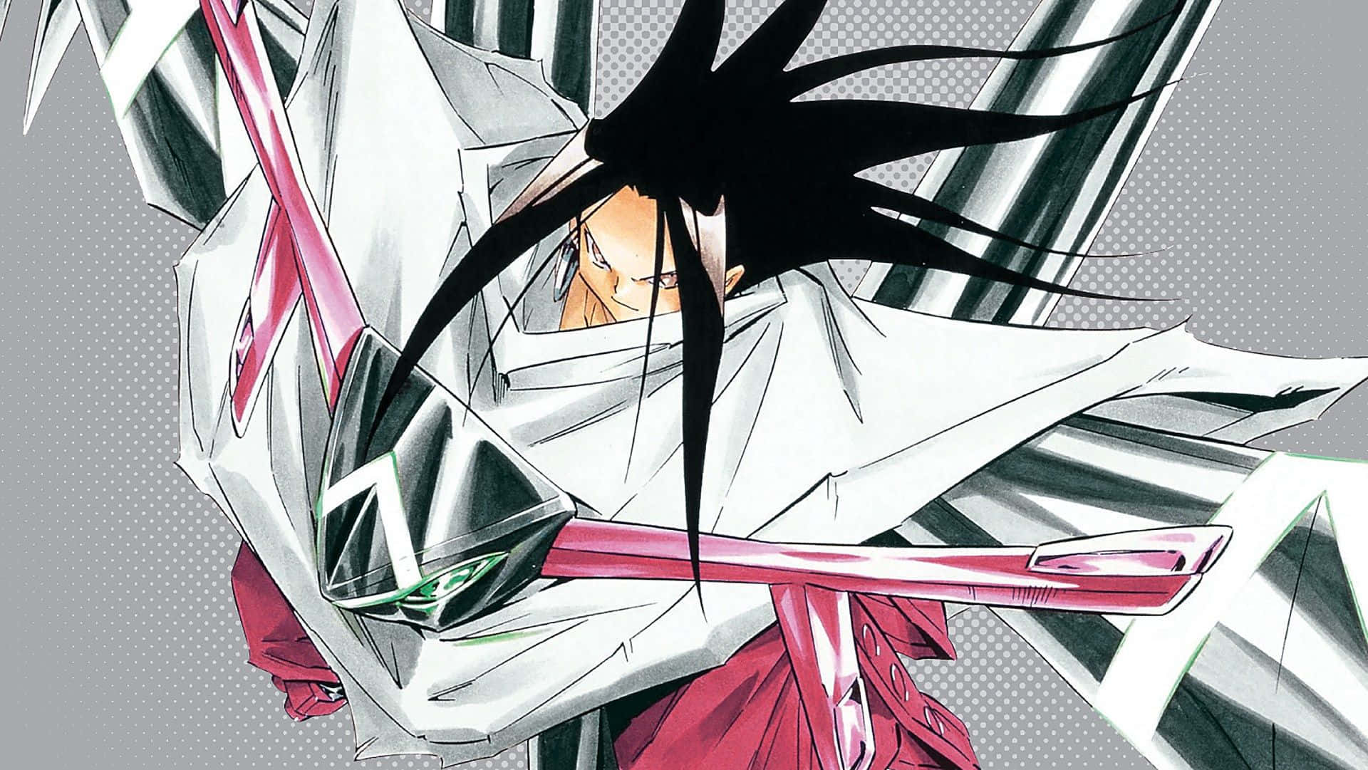 Shaman King 桌布 壁紙 — 一位黑髮白甲的動漫戰士，在灰色點點背景上揮舞著粉紅色的劍。