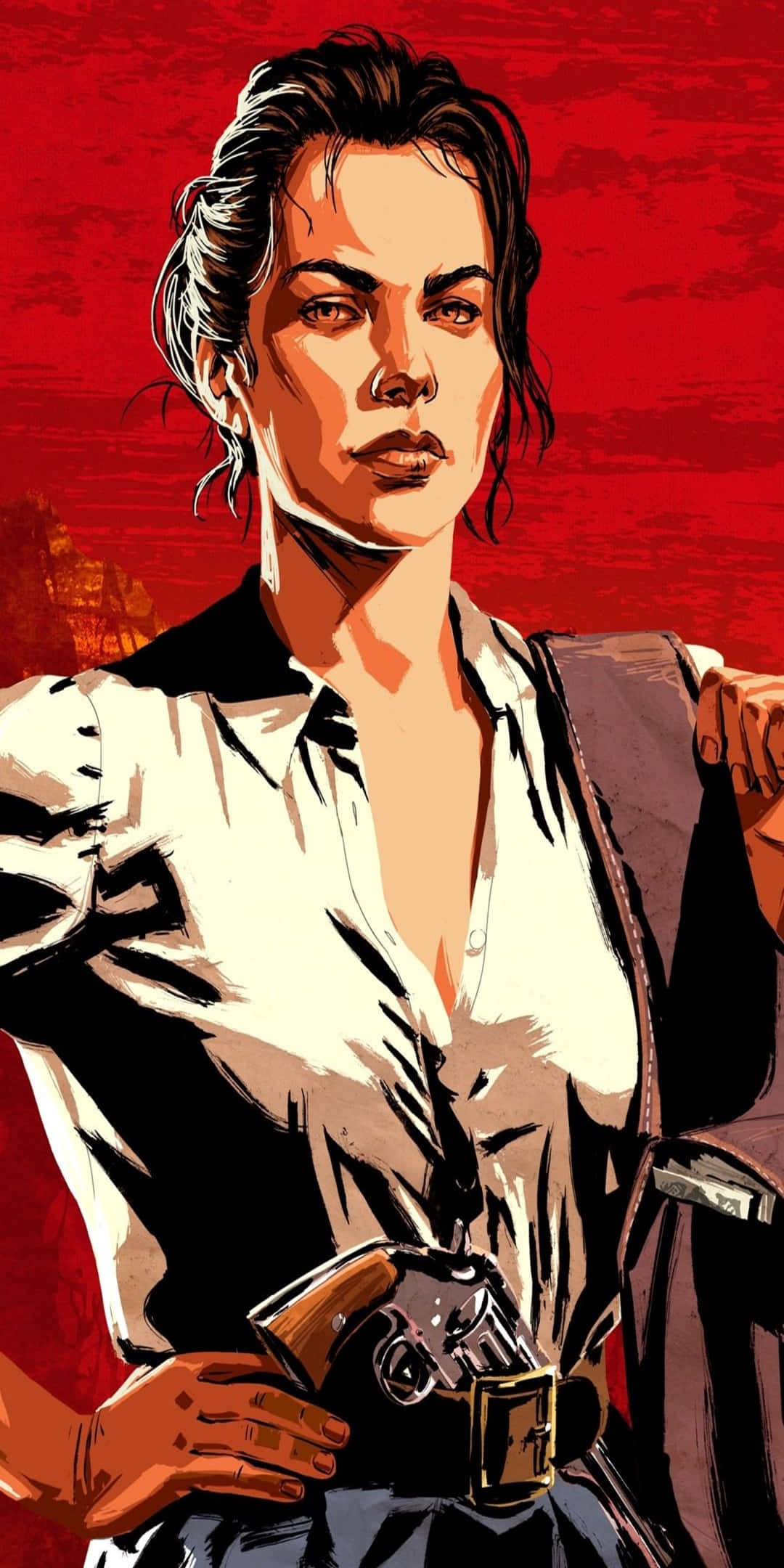 Red Dead Redemtion 2 桌布 壁紙 — 一位黑髮的兇猛女子手持左輪手槍，背景是鮮紅色的紋理背景。