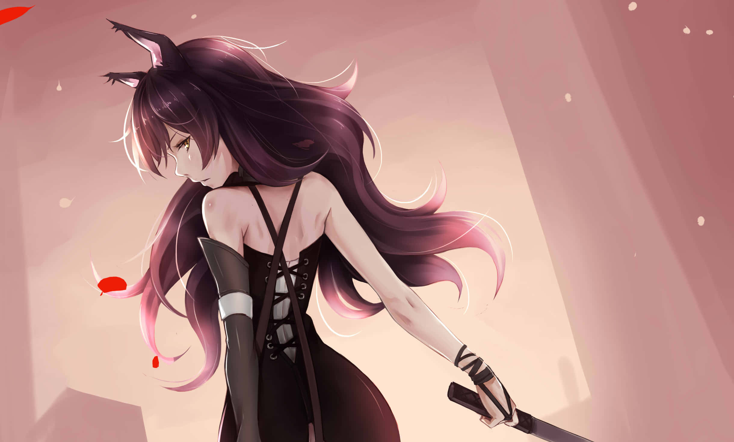 RWBY 桌布 壁紙 — 一位黑髮的動漫女孩，戴著貓耳和一把劍，站在柔和的粉紅光中，她的頭髮戲劇性地飄動。