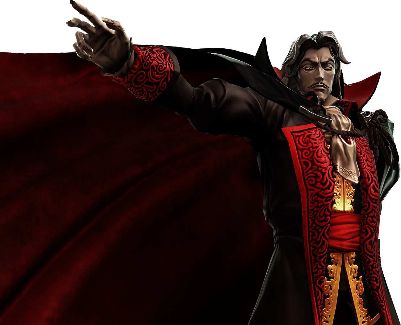dracula 桌布 壁紙 — 一位黑髮的動漫戰士，身穿華麗的紅黑長袍，飾有金色鑲邊，以威嚴的姿態向前示意。