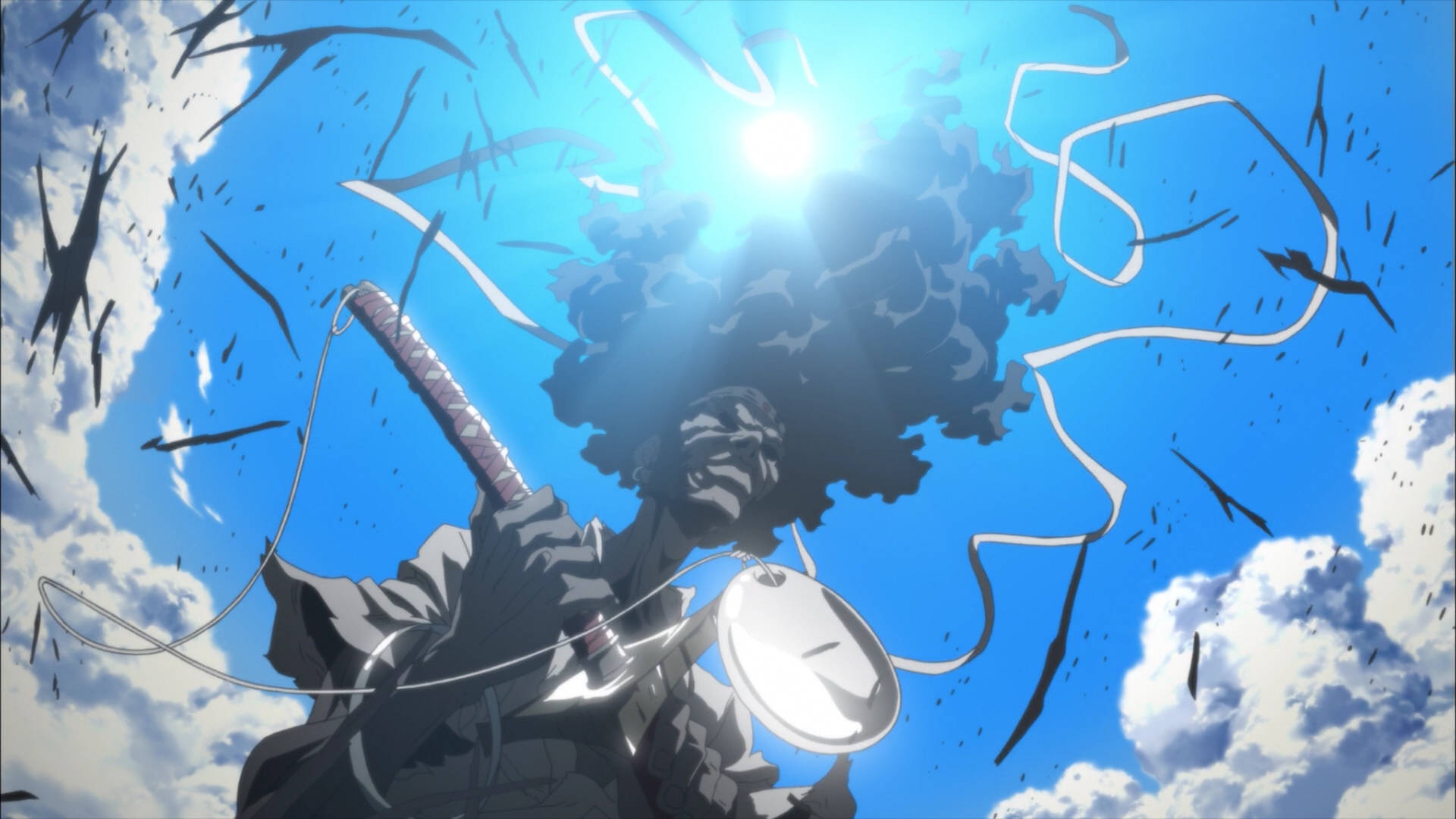 Anime Samurai 桌布 壁紙 — 一位黑髮的動漫戰士在明亮的藍天中揮舞著劍，天空中有太陽耀斑和旋轉的能量絲線。