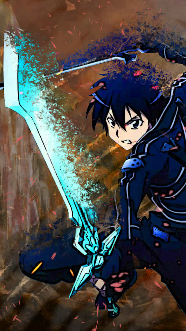 桌布 壁紙 — 一位黑髮的動漫戰士在燃燒的碎片中揮舞著發光的藍色劍，呈現出動態的戰鬥場景。