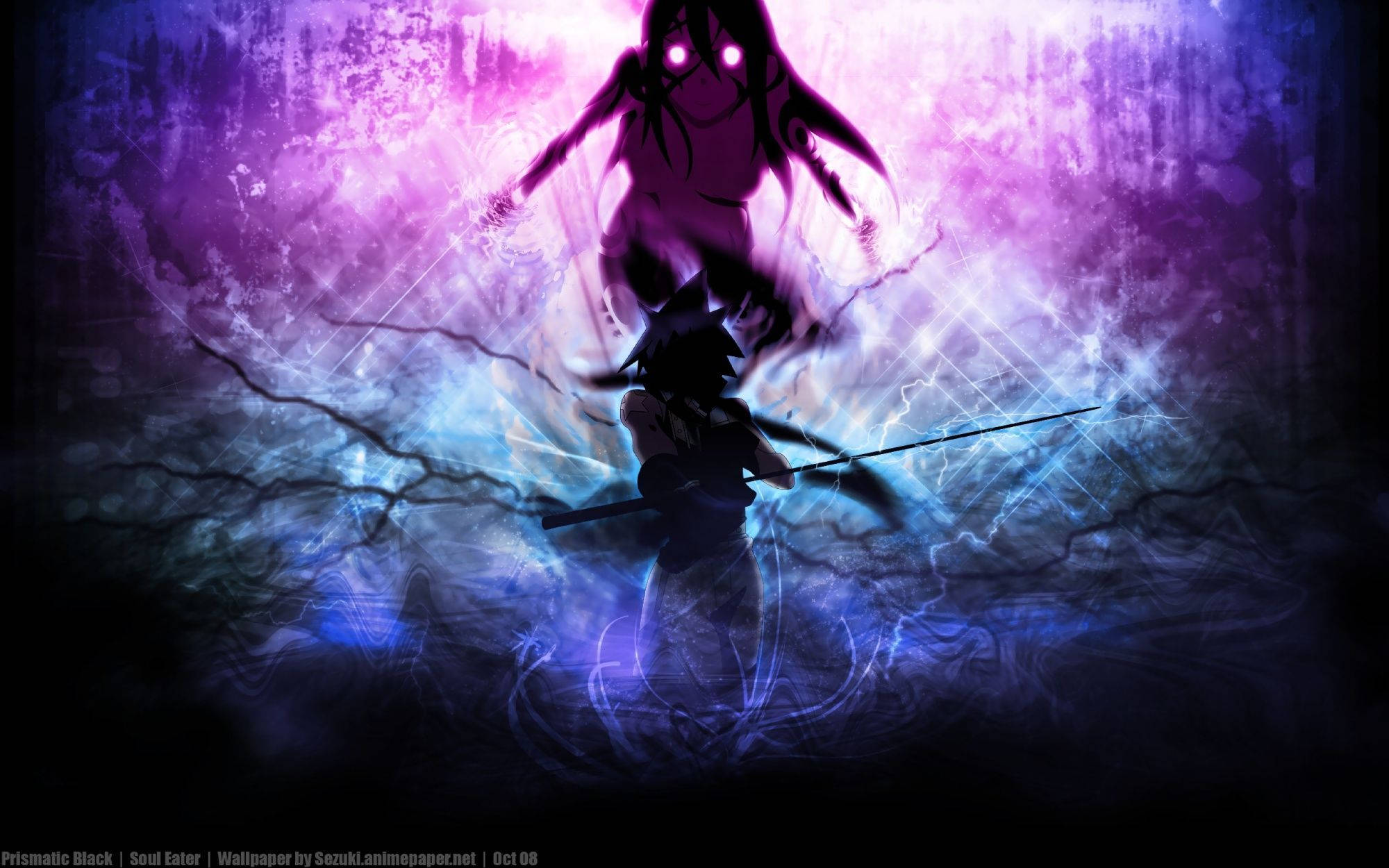 Soul Eater 桌布 壁紙 — 一位黑髮的動漫戰士在神秘的戰鬥場景中揮劍對抗發光的紫色和藍色幽靈敵人。