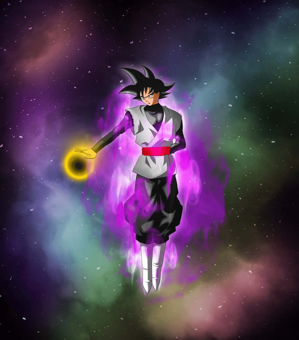 黑悟空 桌布 壁紙 — 一位黑髮的動漫戰士漂浮在宇宙空間中，周圍環繞著紫色能量和一個發光的黃色球體。