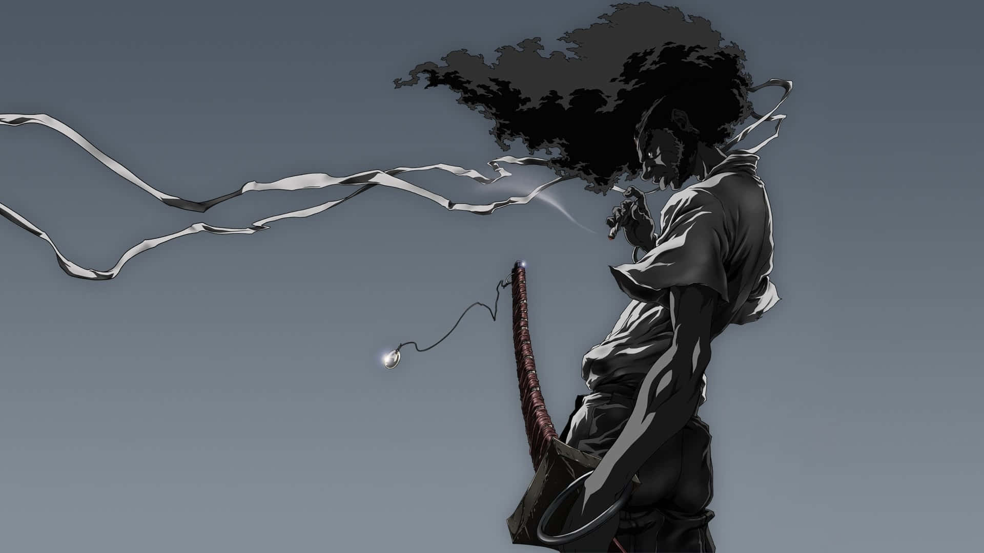 武士動畫 桌布 壁紙 — 一位黑髮的動漫戰士穿著傳統服裝，側身站在灰色背景前，手持一把發光的劍，周圍有絲帶飄舞。