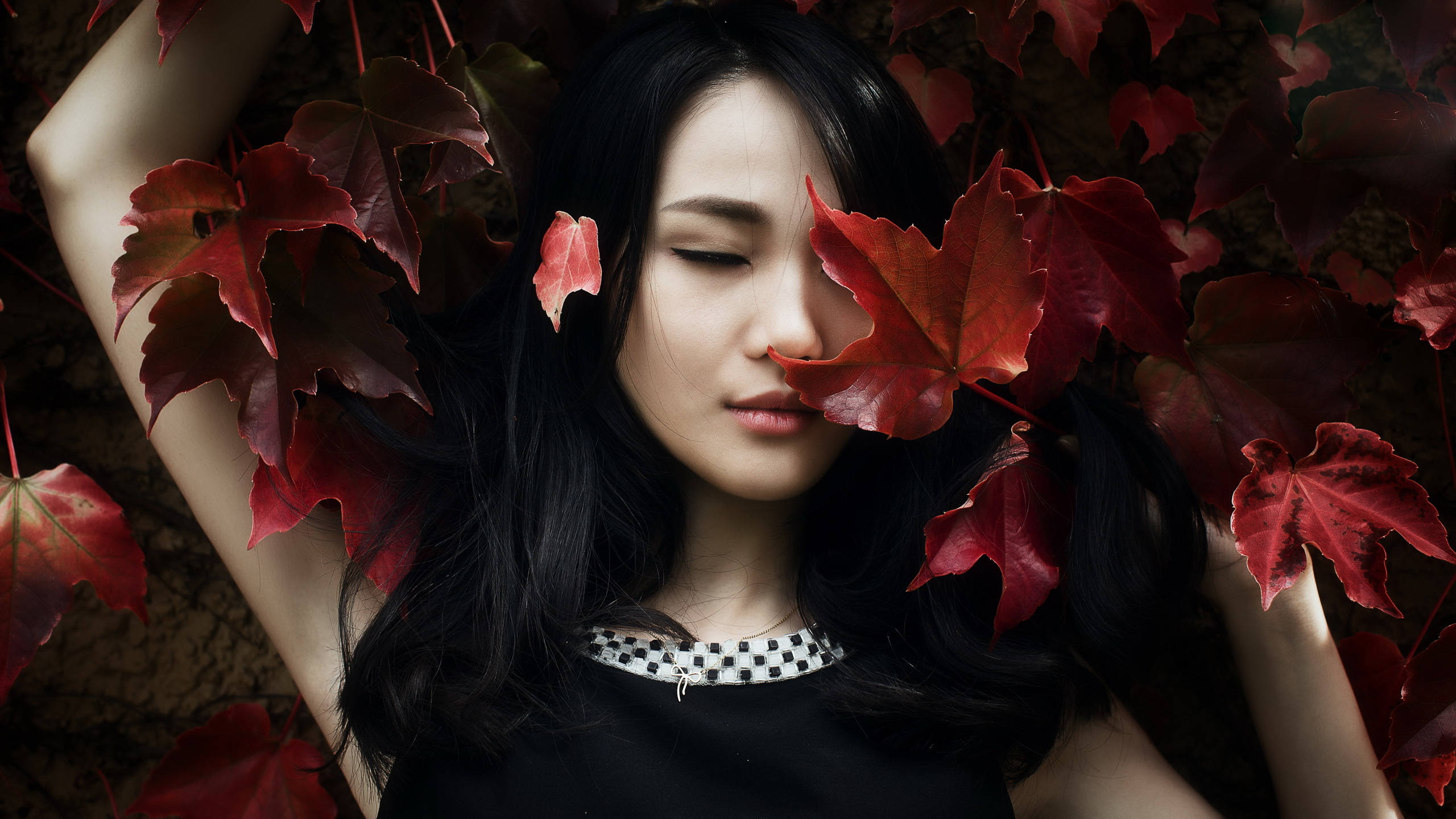 美女 桌布 壁紙 — 一位黑髮的寧靜女子躺在鮮紅的秋葉中，閉上眼睛，沉浸在平靜的沉思中。