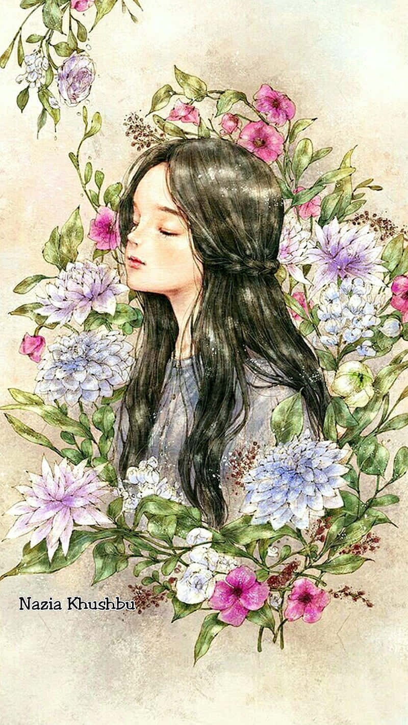 Flower Drawing 桌布 壁紙 — 一位黑髮的寧靜女性被粉紅、紫和白花組成的茂盛花環環繞，呈現柔和的水彩風格。