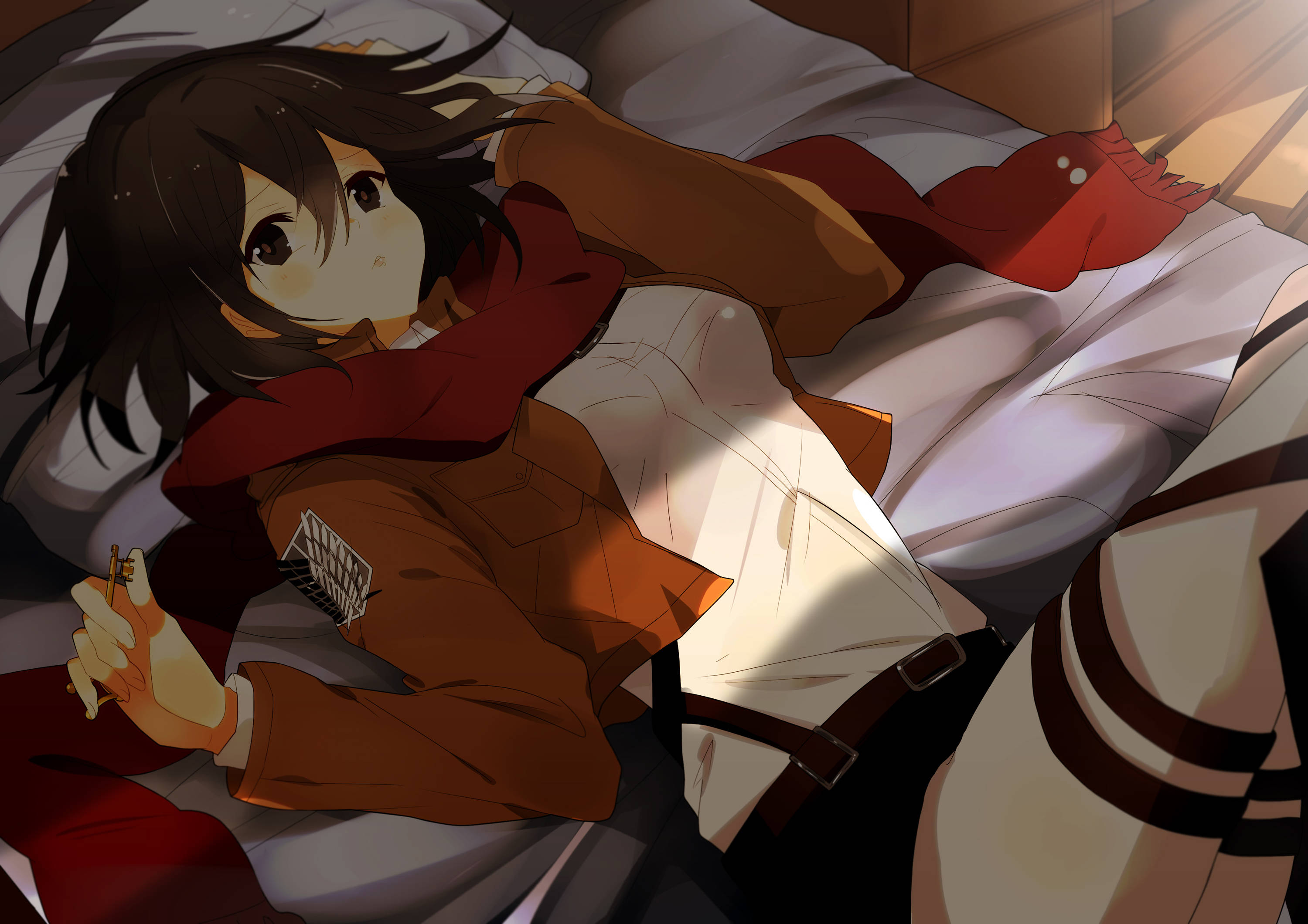 Mikasa Ackerman 桌布 壁紙 — 一位黑髮的年輕動漫女孩側躺在床上，在溫暖的陽光下戴著紅色圍巾和棕色外套。