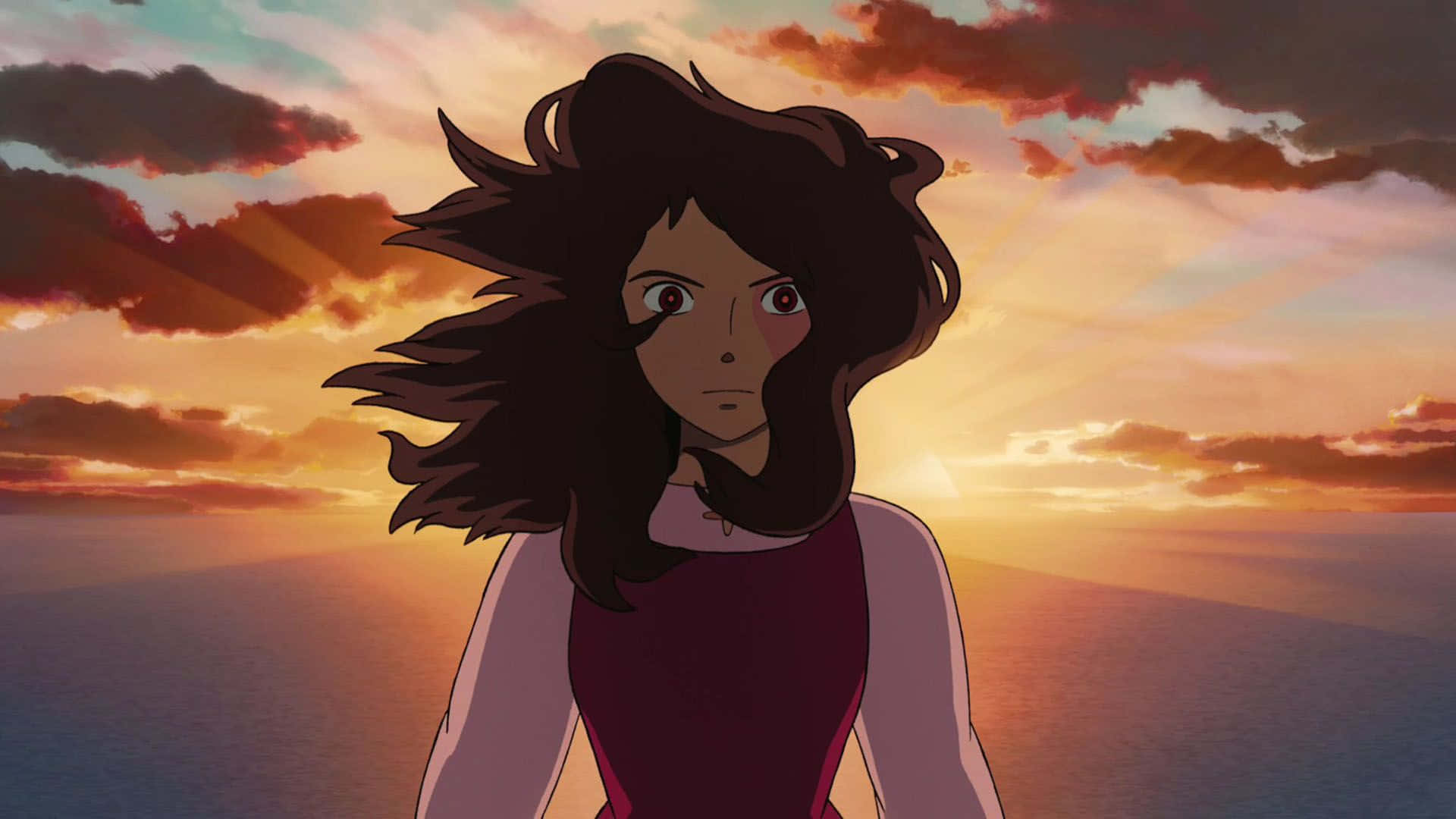Tales From Earthsea 桌布 壁紙 — 一位黑髮的年輕動漫女孩站在海洋上充滿活力的日落前，風吹動她的頭髮。