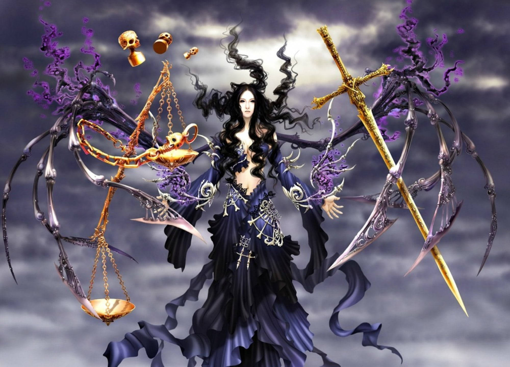 zodiac 桌布 壁紙 — 一位黑髮的黑暗奇幻女王在暴風雨般的紫色天空下揮舞著金色劍和正義的天秤。