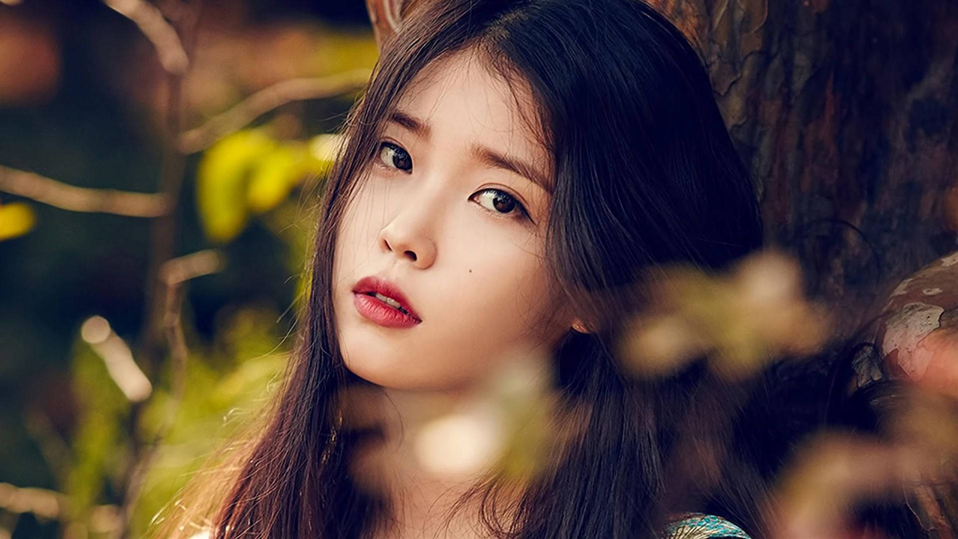 Kpop Aesthetic 桌布 壁紙 — 一位黑髮紅唇的年輕女子在陽光明媚的森林中靠著樹，溫柔地凝視著。