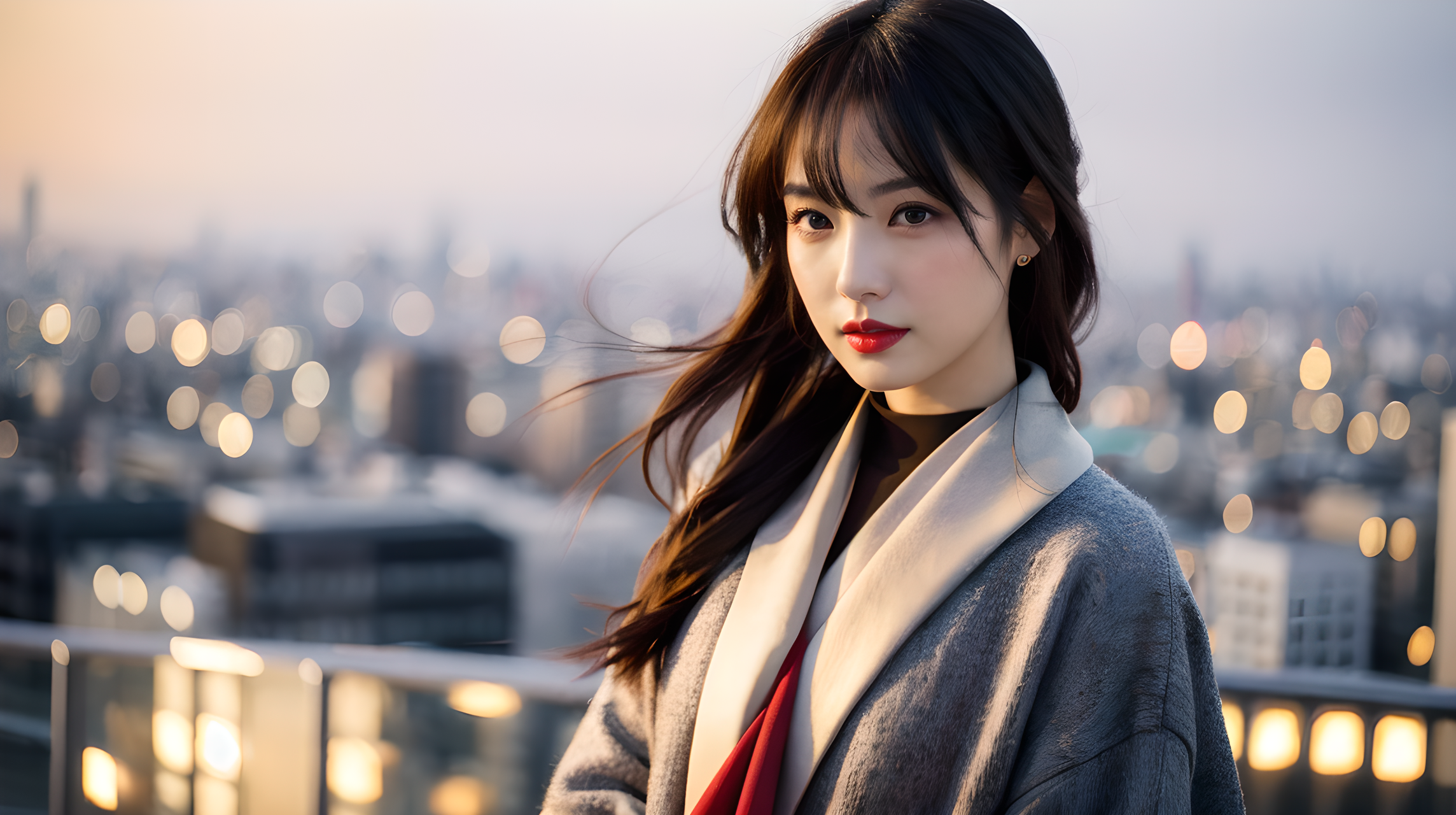Architecture 桌布 壁紙 — 一位黑髮紅唇的年輕女子站在屋頂上，俯瞰著暮色中閃爍著溫暖散景燈光的城市景觀。