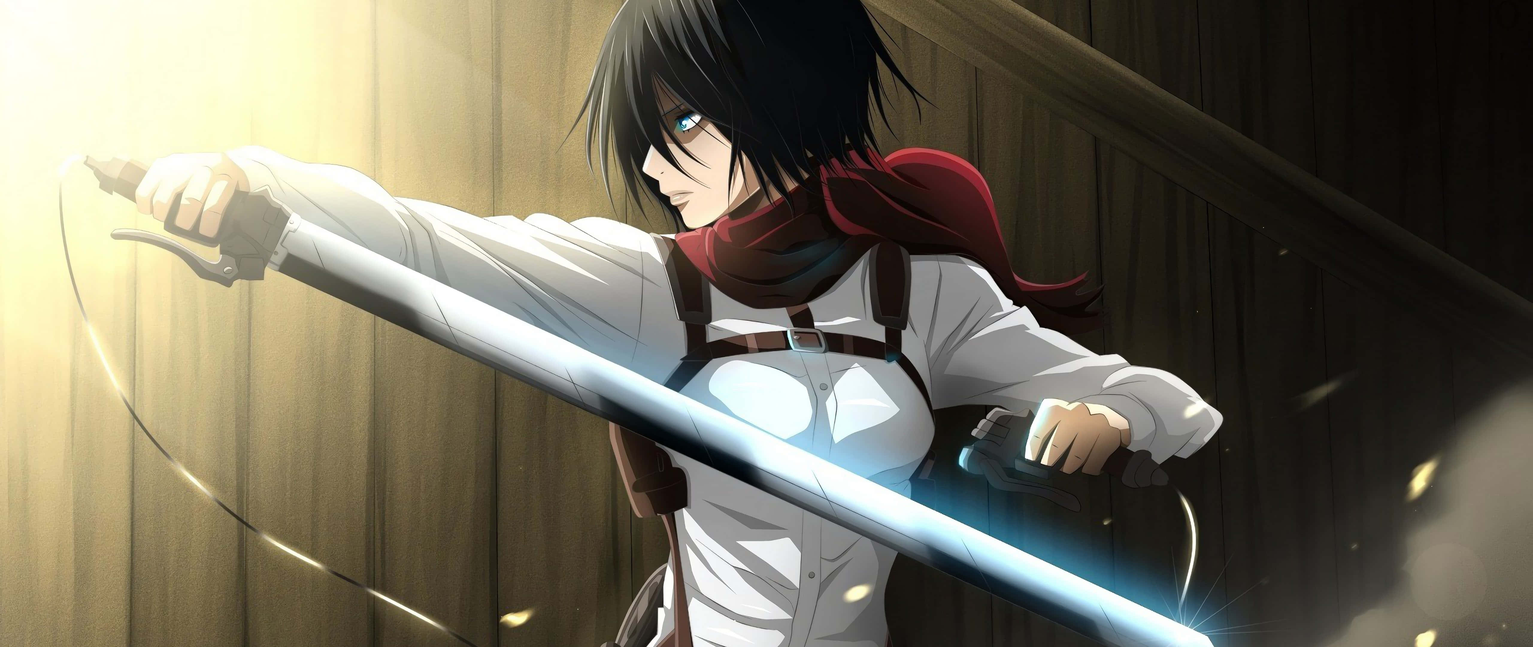 Mikasa Ackerman 桌布 壁紙 — 一位黑髮紅圍巾的動漫戰士在充滿溫暖光線的木屋中揮舞著發光的劍。