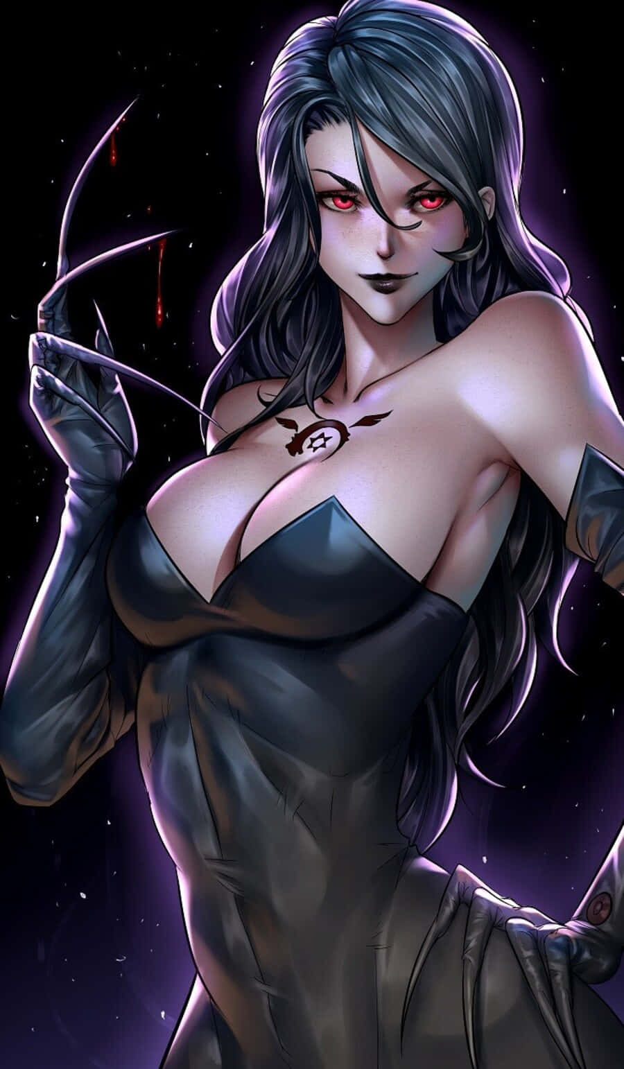 Fullmetal Alchemist Lust 桌布 壁紙 — 一位黑髮紅眼、戴著爪手套的動漫女性，在星空夜空背景下穿著黑色服裝擺姿勢。