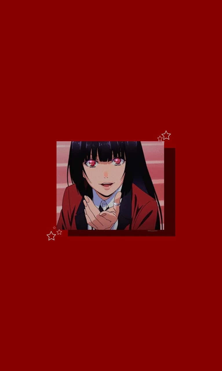 Red Anime 桌布 壁紙 — 一位黑髮紅眼、眼睛發光的年輕動漫女孩，穿著紅色西裝外套，背景為純紅色並帶有星星裝飾。