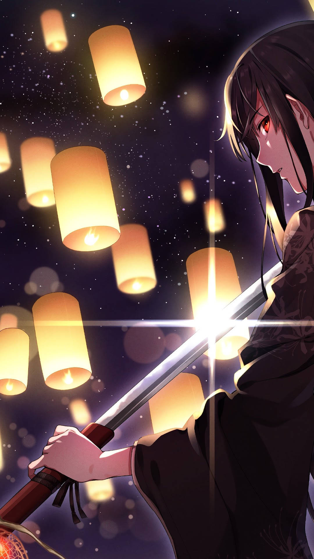 Anime Samurai 桌布 壁紙 — 一位黑髮紅眼動漫女孩在滿是漂浮燈籠的星空下手持發光劍。